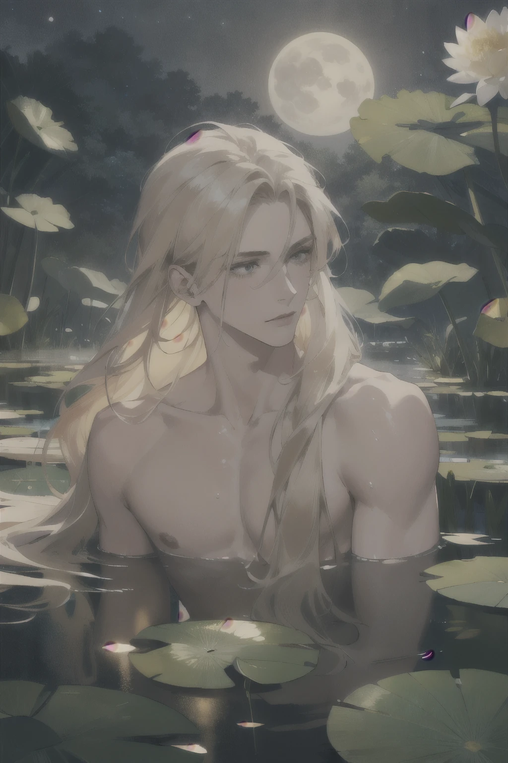 ((best quality)), ((masterpiece)), (detailed), perfect face in the lotus pond under the moonlight，A man with fair skin and long blond hair looks very handsome，Naked upper body，The water wrapped around him like silk，There are water lilies floating on both sides of the water，surrounded by golden dragons