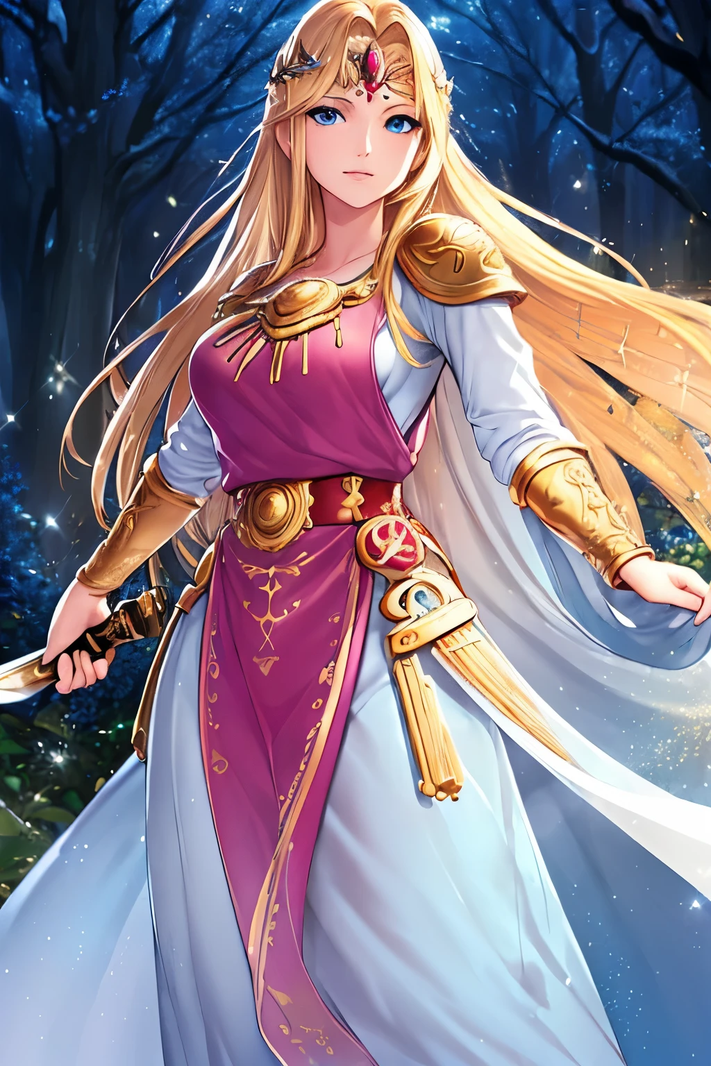 (ultra-detailed,realistic:1.37),beautiful detailed face,long flowing blond hair,sparkling blue eyes,hourglass figure,dressed in a stunning gown,gold tiara and jewelry,holding a mythical sword,enchanted forest background,ethereal lighting,portraits,vivid colors