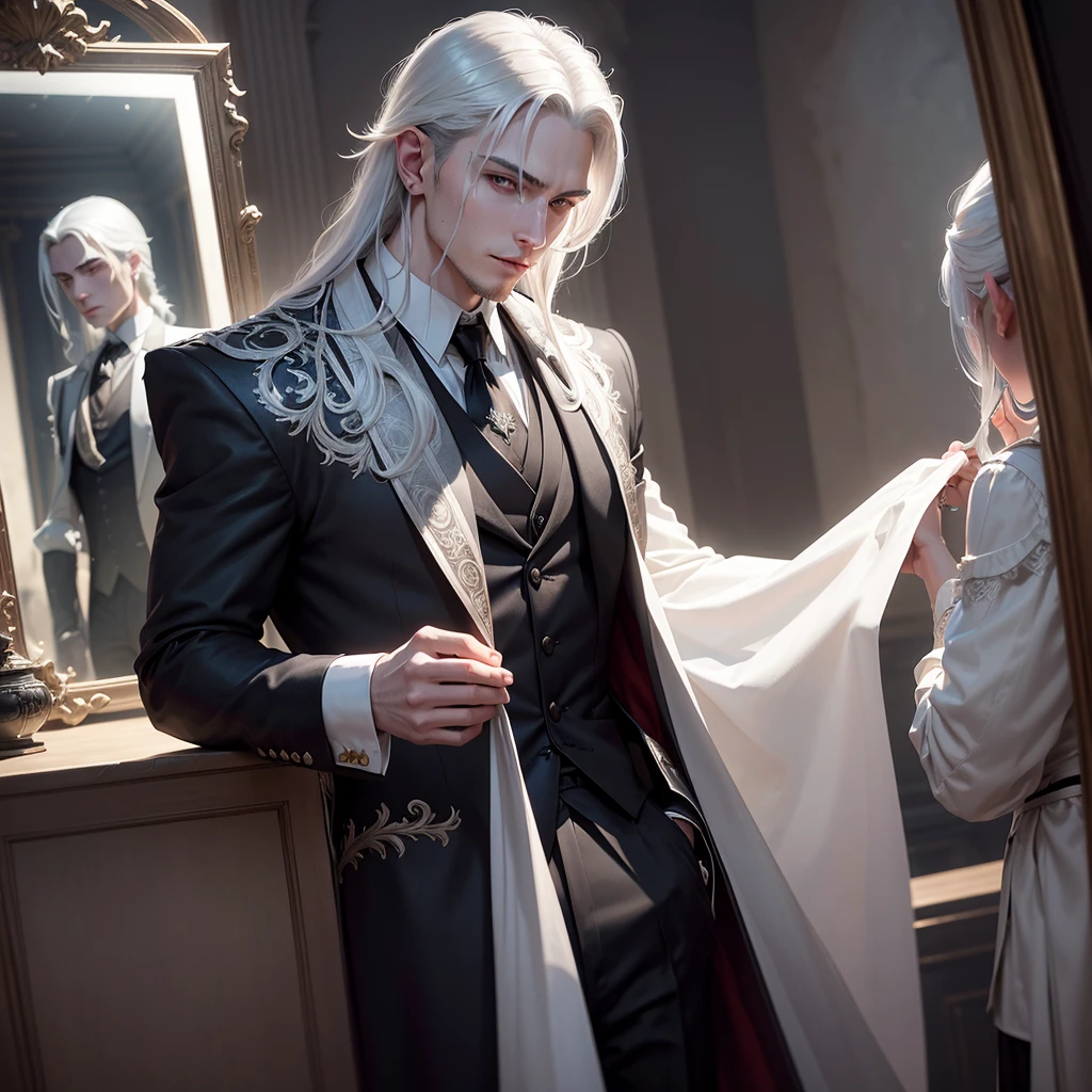 A young man with pale white skin and silver hair stands alone against the backdrop of a medieval cityscape under the moonlit night. His noble black suit, adorned with silver and azure details, hugs his muscular frame. With sharp, pointed ears and snake-like pupils, he exudes an air of mystery and sophistication. A single, light smile plays at the corners of his lips, but his boca bears the telltale stains of blood. He wipes the stains carefully with a white handkerchief.

Medium length hair, styled with flaps, cascades down his back. Hissuit's collar reaches up to reveal a seductive, yet carefully cur