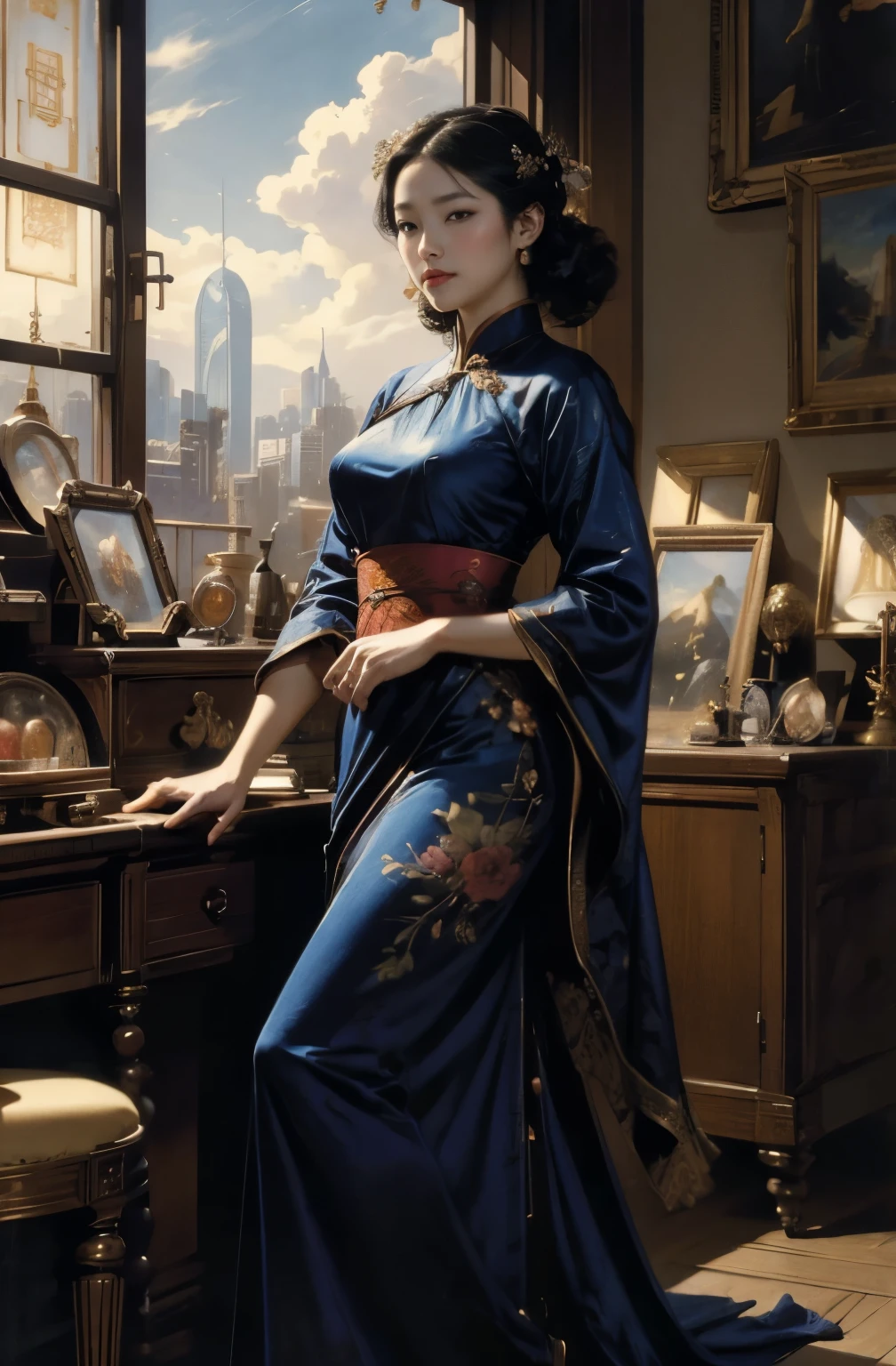 A painting of a beautiful young woman standing quietly, 美しいHongkongの夜景, flower of society, She is wearing an elegant purple cheongsam, Inspired by Chen Yifei, Inspired by Francesco Hayez, Inspired by Hendrik Terbruggen, Jean=Works that influenced Auguste Dominique Ingres, Inspired by Liu Jun, Jean=Works that influenced Auguste Dominique Ingres, highest quality, perfect angle, perfect composition, best shot, official art, cinematic light, figurative art, Beautiful and expressive paintings, Beautiful artwork illustration, wonderful, cool beauty, clear, Mysterious, highest quality, official art, perfect composition,perfect angle, best shot, women only, sharp outline, In the middle of a conspiracy, The face behind the scenes, dark government official, dark mission, first class agent, government agent, Top big-name spy, A talented female spy, beautiful female spy, quite beautiful face, Spy, Spy X21, carry a concealed gun and knife, Eyes without pupils, color eye, ideal anima, melancholy, nostalgia, romantic, 1930s, Hongkong, beautiful cityscape, sepia memories, unforgettable woman, Full body Esbian