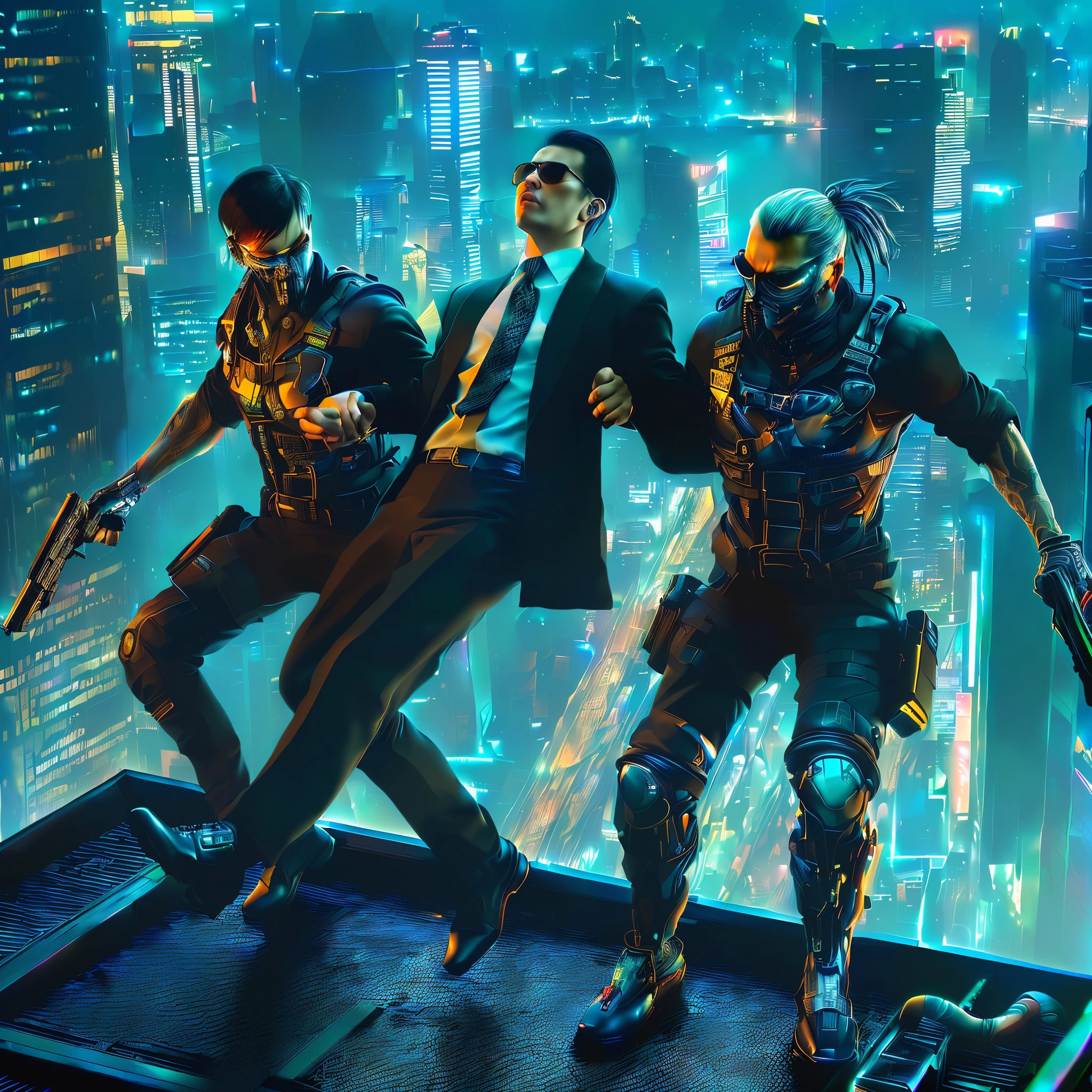 arafed image of three men in suits and ties on a ledge, cyberpunk ????, shadowrun splash art, high quality cyberpunk art, in cyberpunk city, cyberpunk art style, cyberpunk digital art, more and more cyberpunk, octane cgsociety, cyberpunk 8 k, beaten tech. neo noir style, hyper-realistic cyberpunk style, cyberpunk character art, advanced digital cyberpunk art