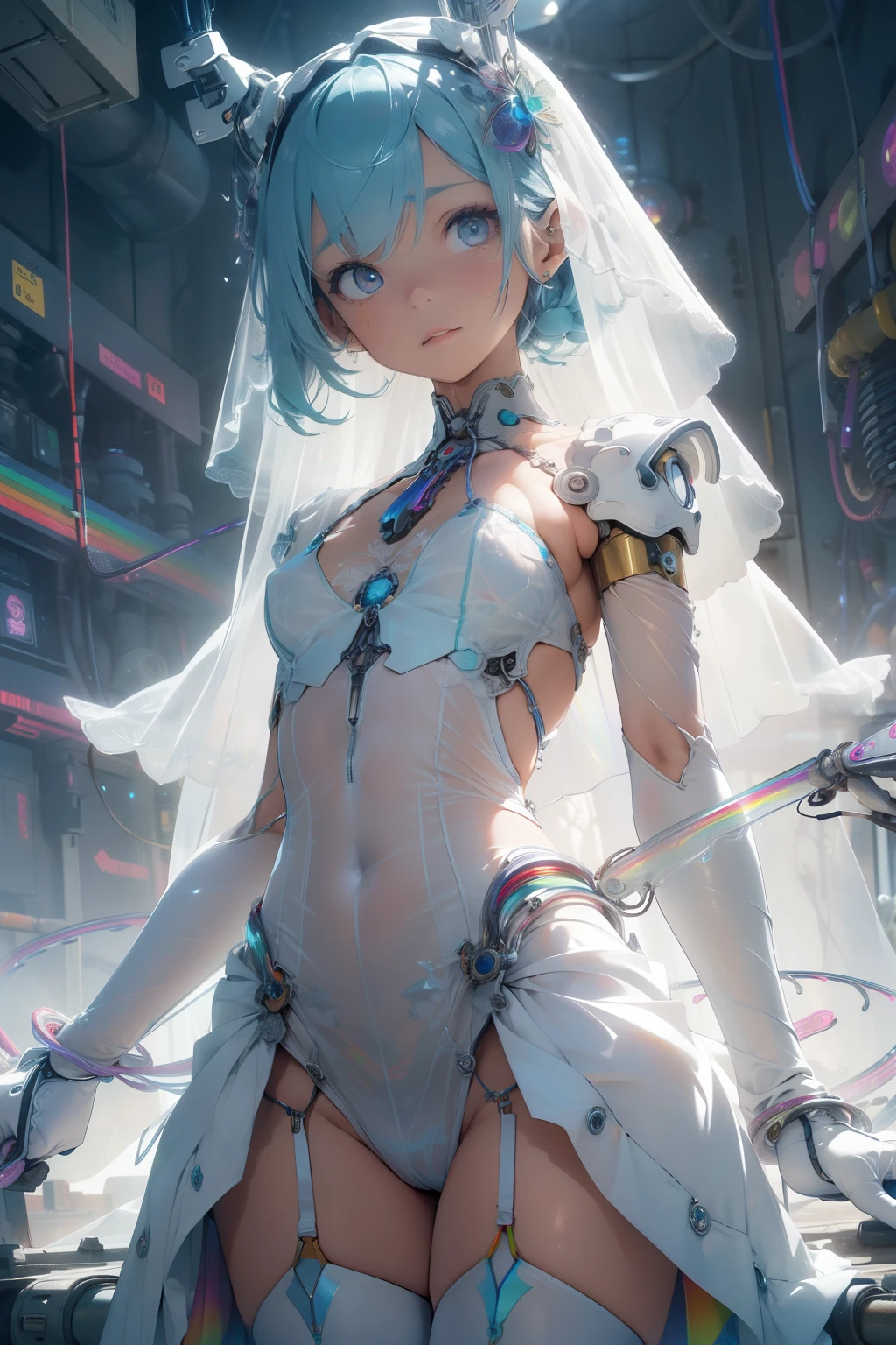 (quality)), ((masterpiece)), Recommended results、Puffy nipples、(see through:1.5)、straighten your back、abdominal muscles、huge bust、angle to floor:1.2、low camera angle、Hair loss on crotch，Hatsune Miku，super detailed)), (highly detailed CGillustration), ((extremely delicate and beautiful)),(1Mechanical Girl)),alone,White whole body,(Machine made joints:1.2),((white mechanical limbs)),(Rainbow blood vessel dots connected to tubes),(Rainbow mechanical vertebrae attached to back，With flowing rainbow dots.),((Flowing rainbow fixed around neck)),poker face,(Rainbow wires and cables attached to the neck:1.2),(Rainbow wires and cables on the head:1.2)(Character focus),,Very detailed,colorful,most detailed，white transparent wedding dress，huge ，floating in the air