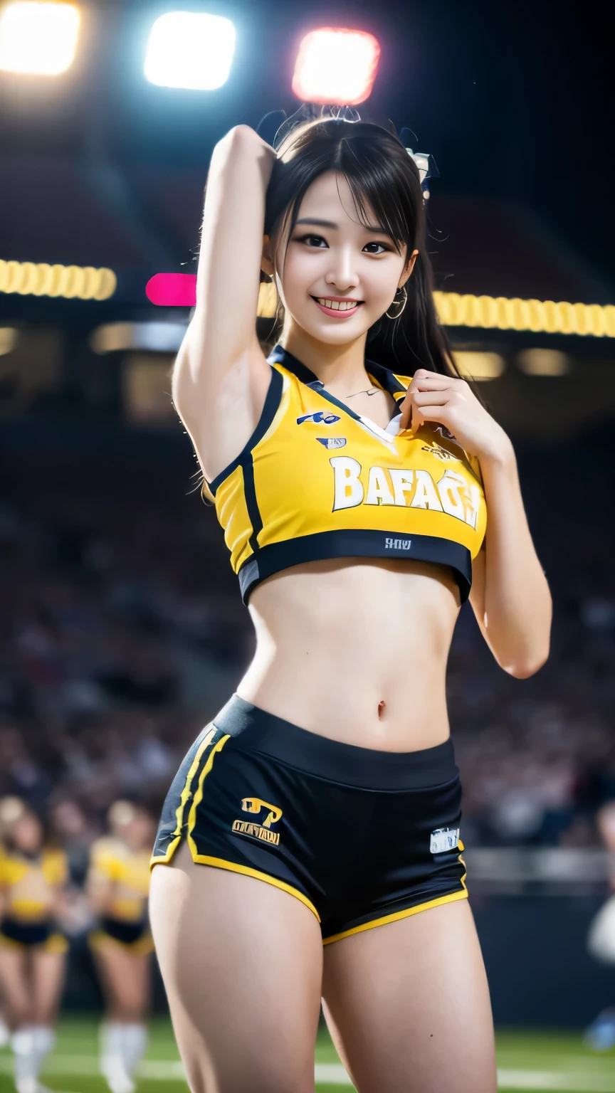 masterpiece, black hair, beautiful, elegant. Ultra-fine details, masterpieces, realistic textures, realistic cinematic lighting, perfect work, 8k, HD, delicate facial features, (Image from thighs to head), large breast, smile, (Japanese idol:1.2), Yellow and black cheerleading uniform, Excited, Stadium floodlights, Spirited crowd in the background,