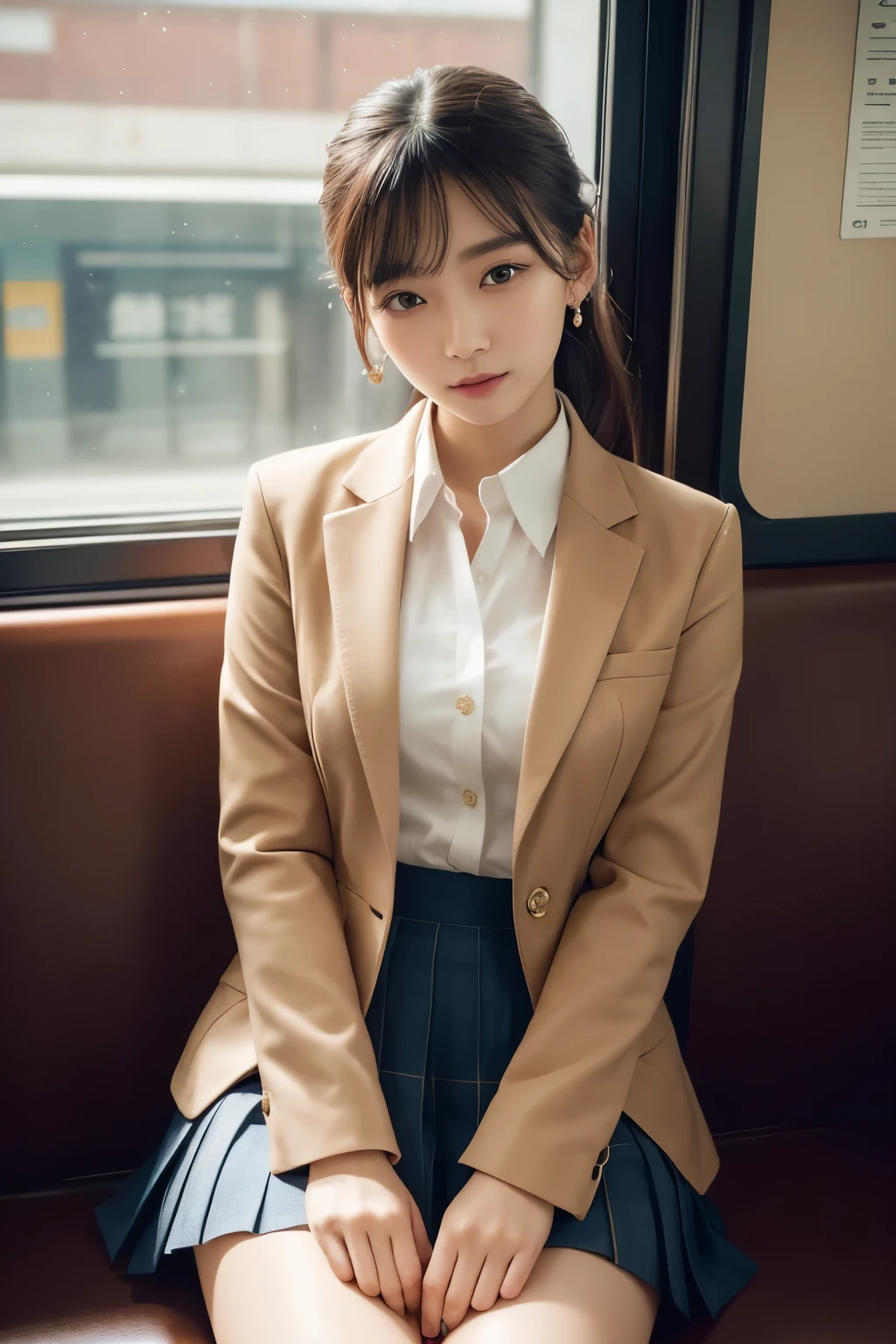 "A beautiful and graceful Asian woman, around 20 years old, sits quietly on a train seat during an autumn morning. The sun peeks through the window, casting an extremely bright backlight that highlights her delicate facial features and beautiful, detailed eyes. Her hair, a mix of half red and half brown, is slightly messy and emphasizes her unique beauty. She wears a brown blazer school uniform with a long pleated skirt and has a calm expression on her face, accentuated by very small earrings and a faint smile plays at the corners of her eyes. With her legs slightly open for comfort and her hands gently resting behind her back, she exudes a glamorous and poised aura. Her