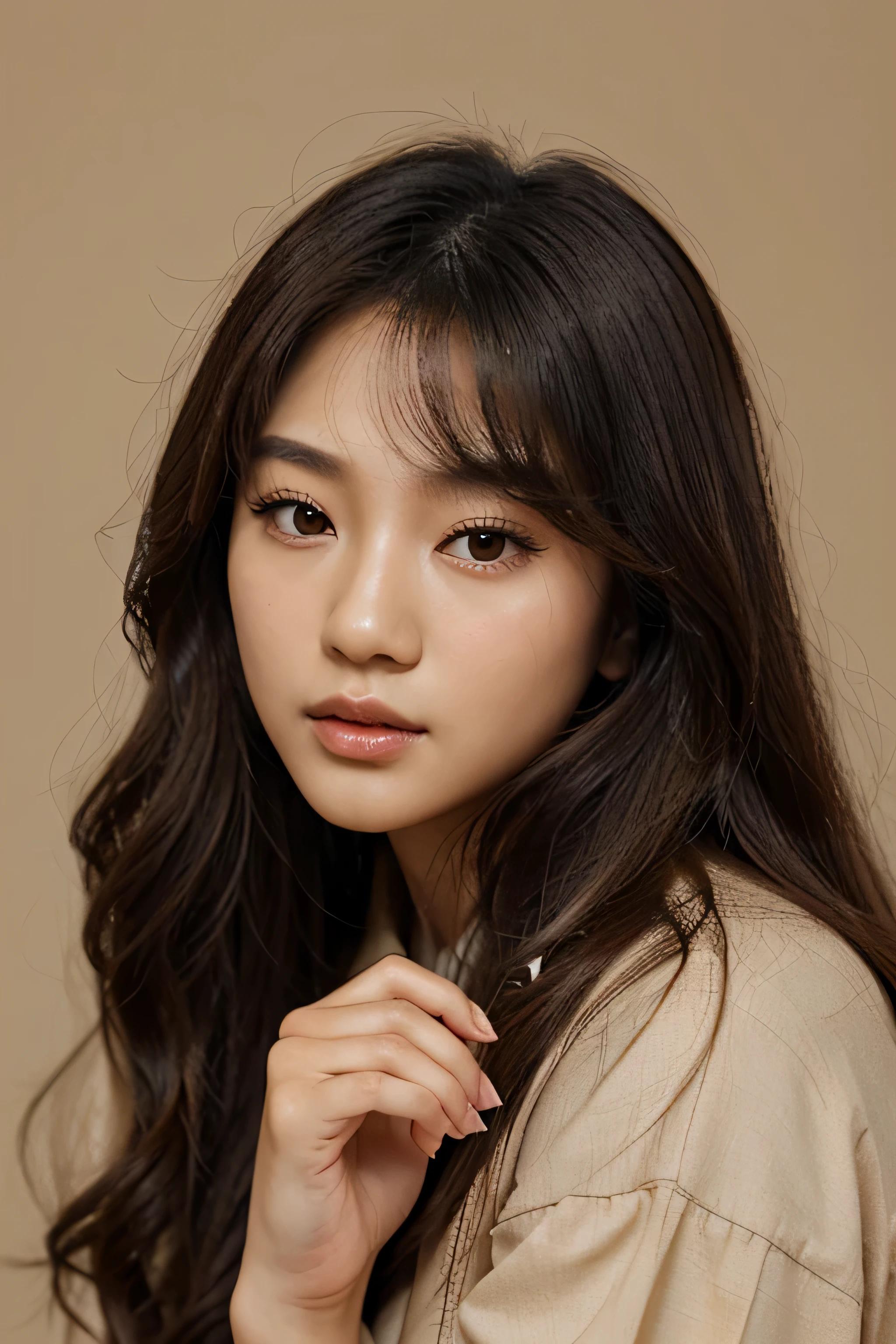 Young Asian beauty with long curly hair with korean makeup style touching her face and perfect skin on isolated beige background