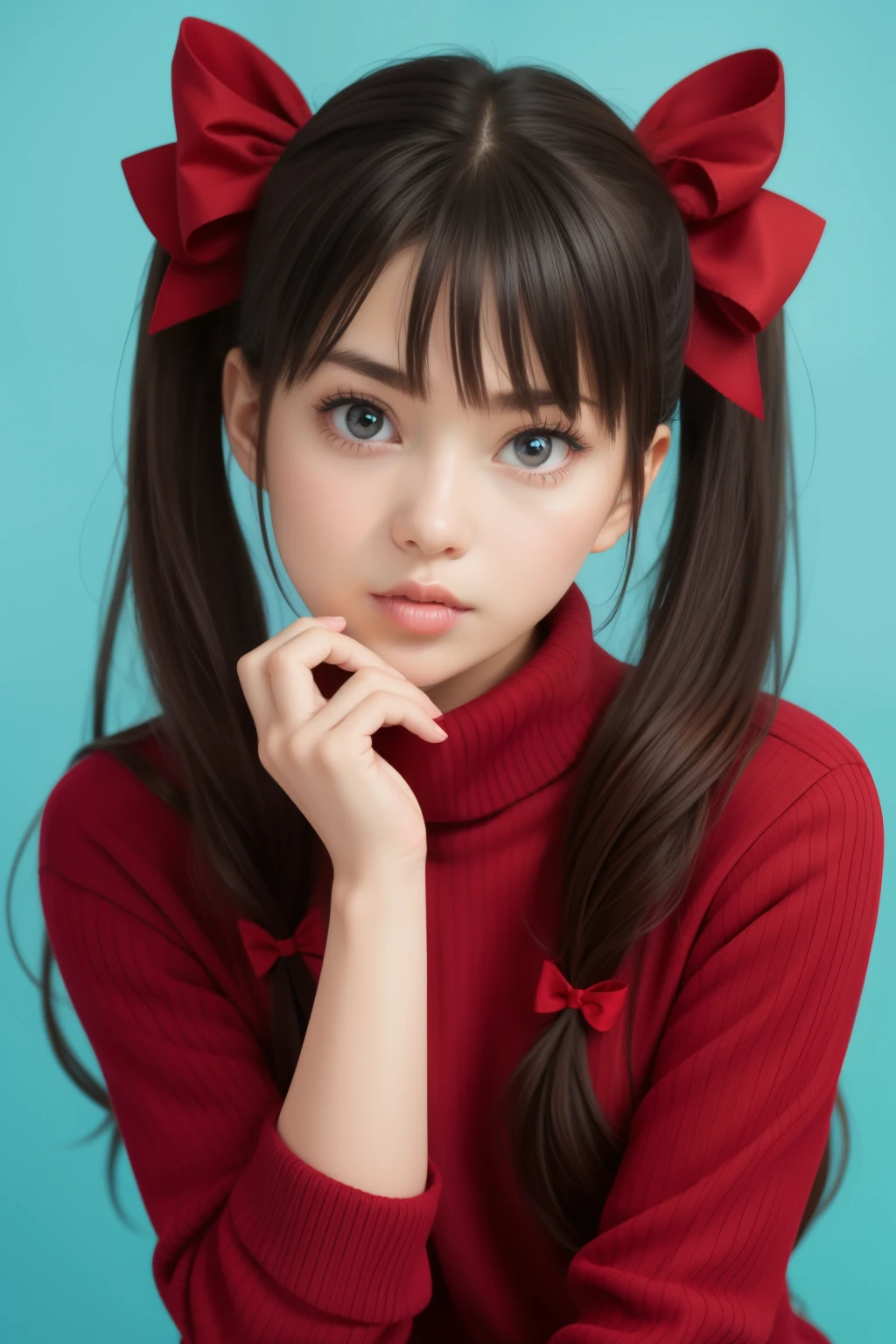 1girl, tohsaka rin, solo, long hair, sweater, red sweater, looking at viewer, blue background, black hair, simple background, two side up, turtleneck, blue eyes, lips, closed mouth, ribbon, hair ribbon, bangs, turtleneck sweater, parted bangs, black ribbon, ribbed sweater, twintails, nose, whole body, full body, white panties, high socks