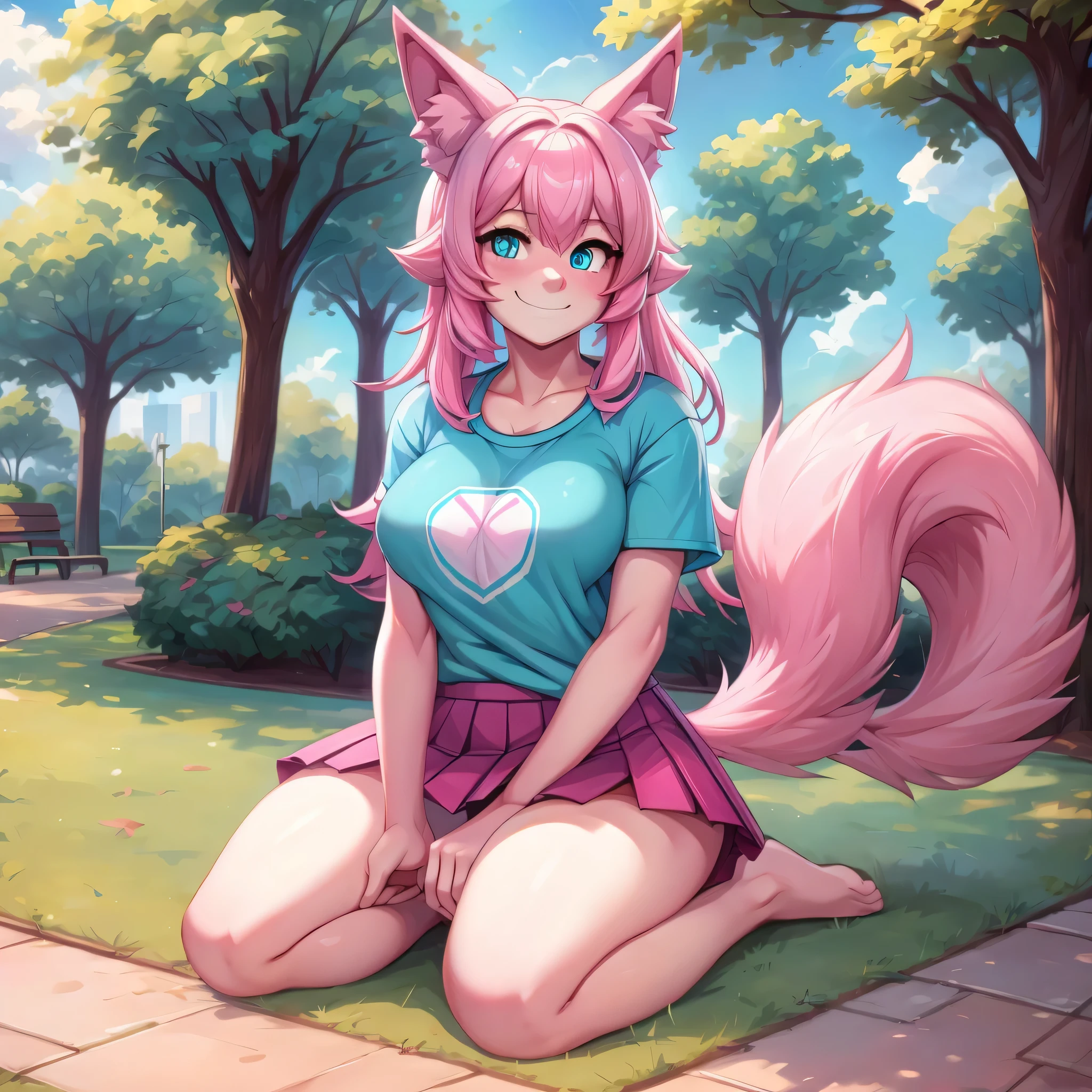 (Masterpiece) (High Detail) (High Res) A short cute humanoid girl with pale skin and turquoise eyes and long pink hair and pink dog ears and a big fluffy pink dog tail and average breasts is kneeling on a park. She is wearing an oversized t-shirt and a pleated skirt and is shyly smiling. Pink Hair, Pink Tail.