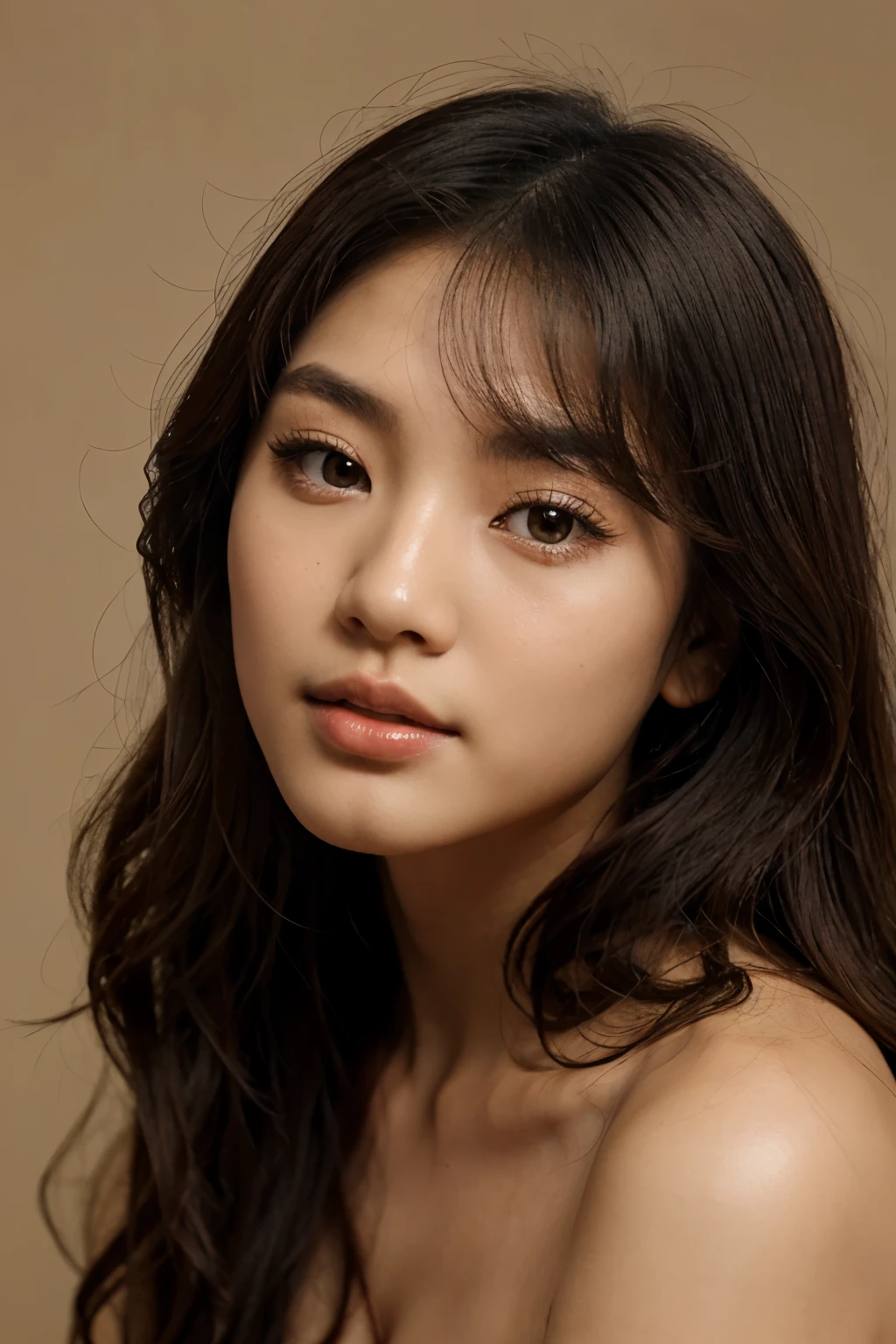 Young Asian beauty with long curly hair with korean makeup style touching her face and perfect skin on isolated beige background