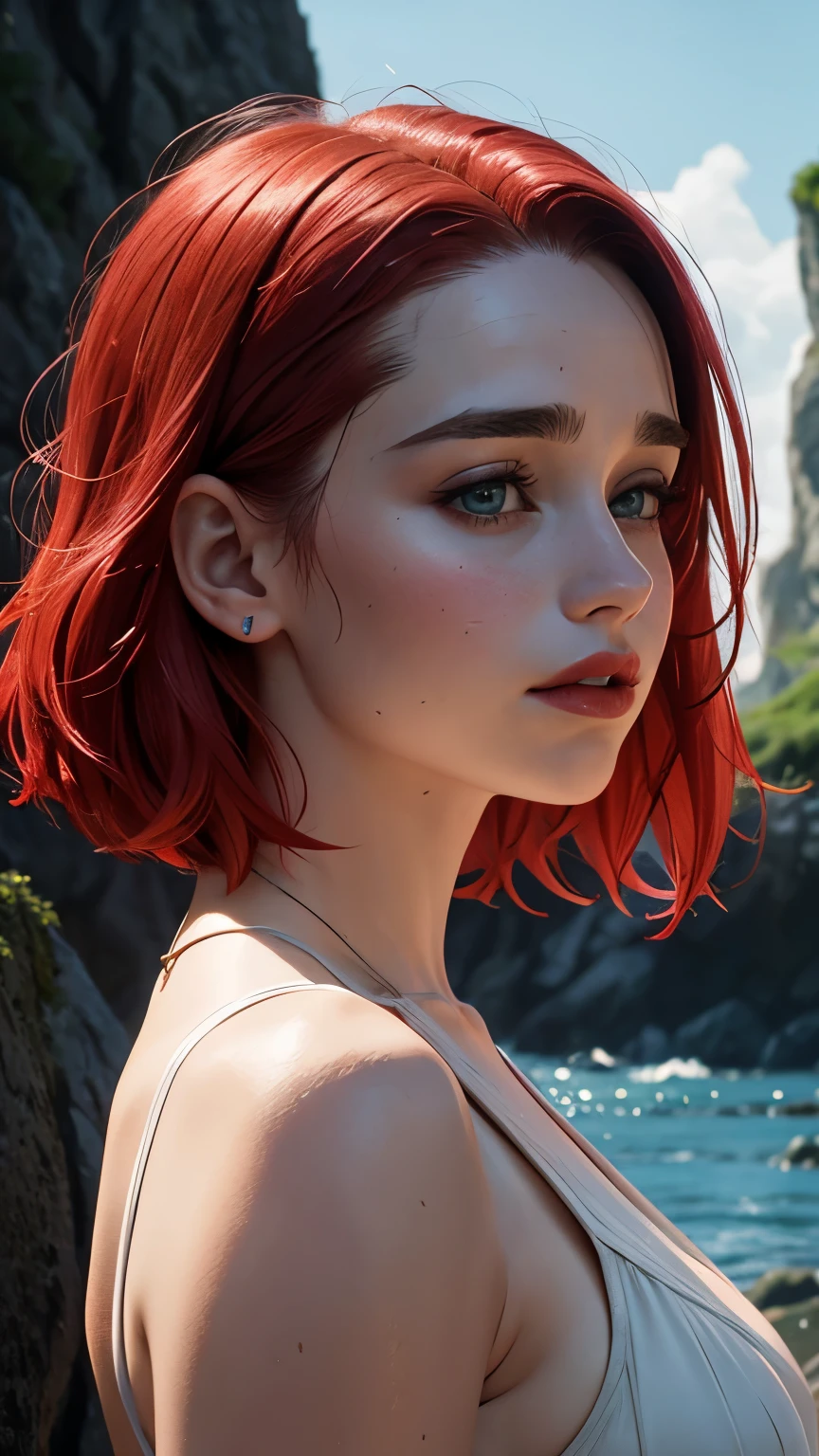 Emilia clarke face, mystical film version, athletic body, red hair, wet hair, red lips, straight hair, short hair, slicked back, side shot.