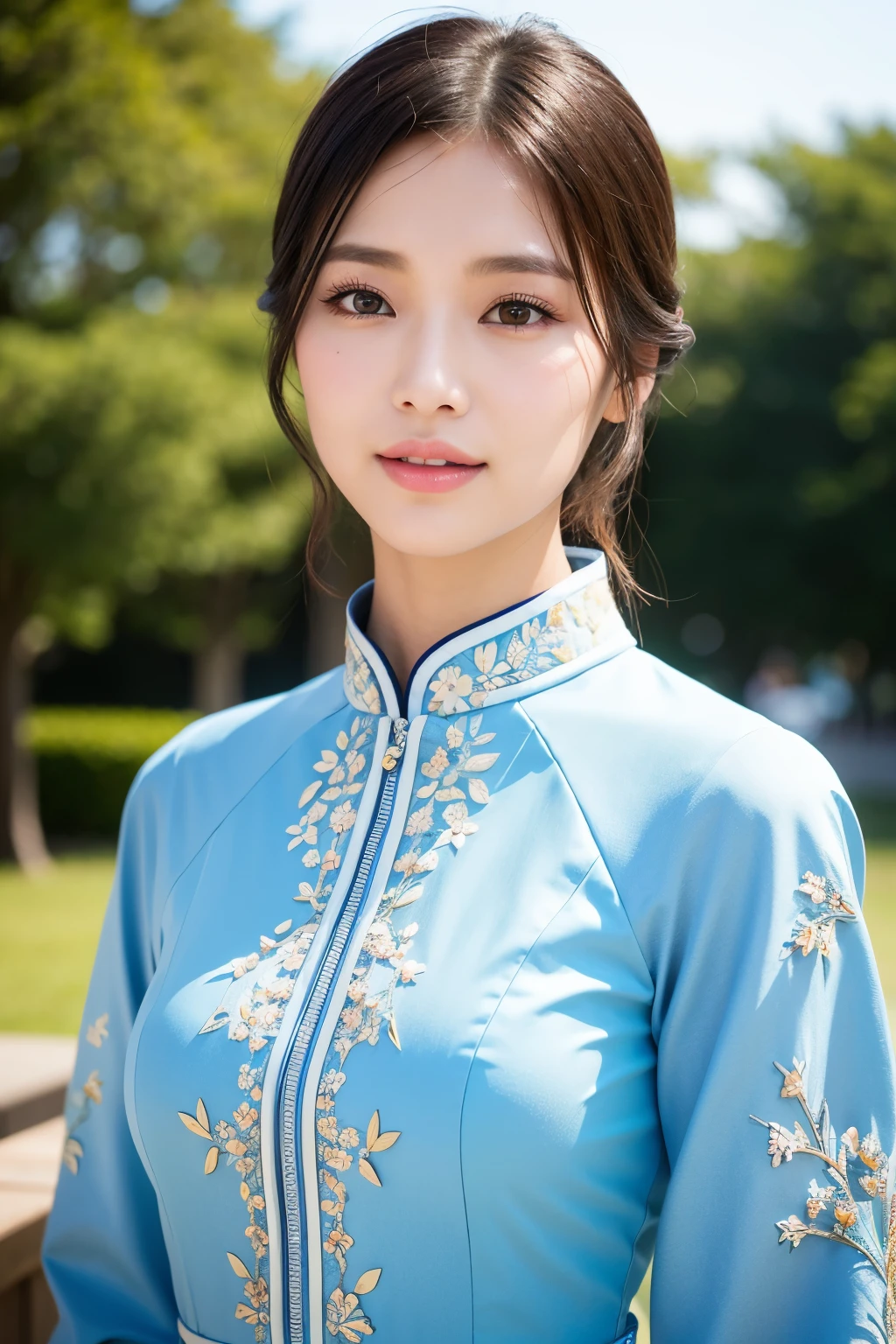 Craft a visually stunning image, brought to life by Midjourney's cutting-edge AI image generation. Witness an enchanting scene starring a captivating Asian girl, boasting meticulously proportioned facial features: alluring double eyelids, a gracefully high nose, and a radiant smile that leaves you spellbound.

Dressed in the elegance of a traditional Ao Dai, the model's attire comes alive with intricate East Asian patterns, harmoniously contrasting against her obsidian-black hair. With a captivating expression that speaks volumes, her facial allure serves as the heart of this masterpiece.

Surrounded by the diverse array