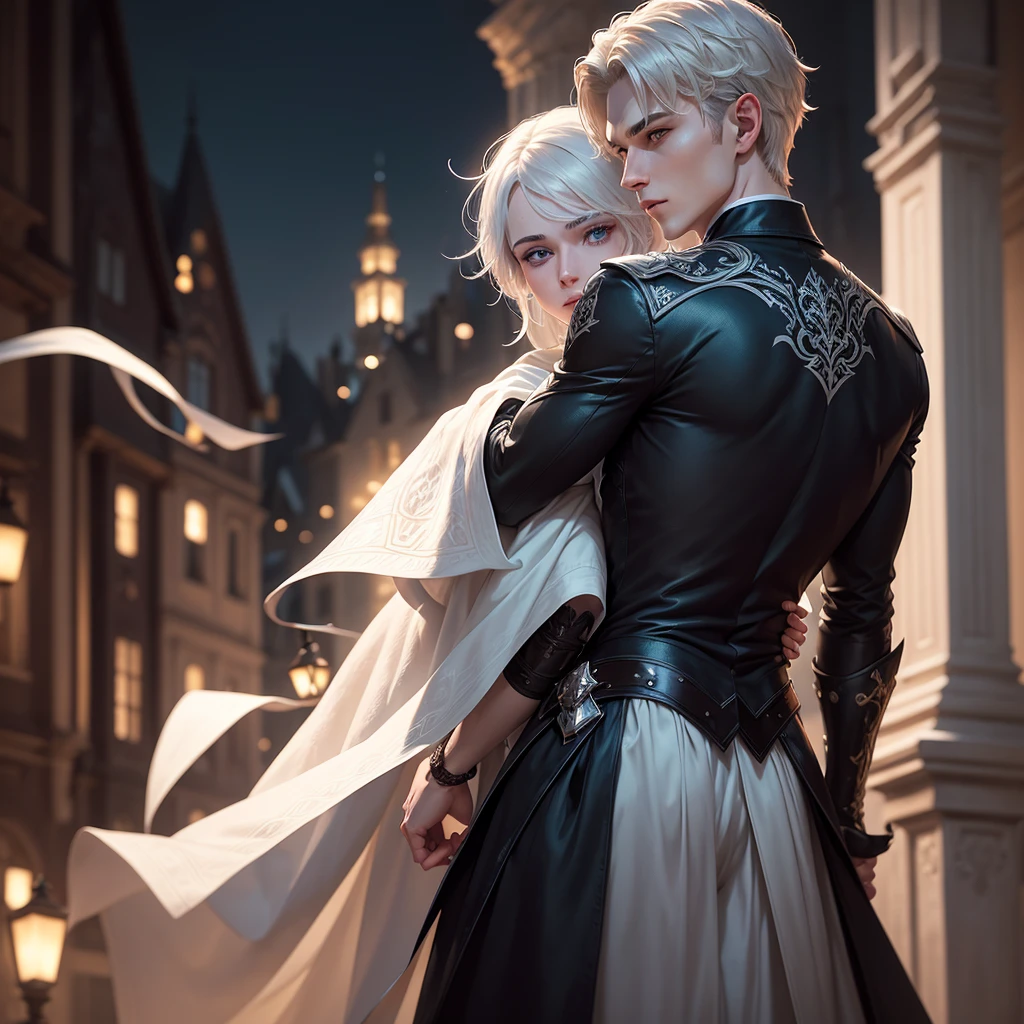 A young man with pale white skin and silver hair stands alone against the backdrop of a medieval cityscape under the moonlit night. His noble black suit, adorned with silver and azure details, hugs his muscular frame. With sharp, pointed ears and snake-like pupils, he exudes an air of mystery and sophistication. A single, light smile plays at the corners of his lips, but his boca bears the telltale stains of blood. He wipes the stains carefully with a white handkerchief.

Medium length hair, styled with flaps, cascades down his back. Hissuit's collar reaches up to reveal a seductive, yet carefully cur