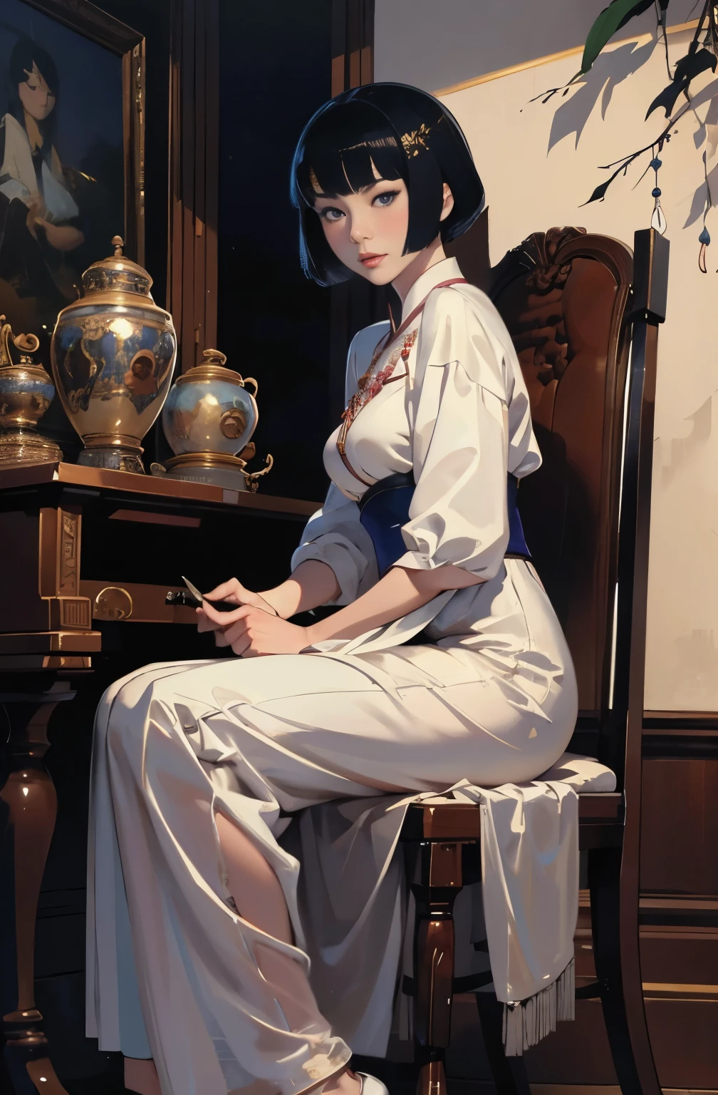 A painting of a beautiful young woman standing quietly, 美しいHongkongの夜景, flower of society, She is wearing an elegant purple cheongsam, Inspired by Chen Yifei, Inspired by Francesco Hayez, Inspired by Hendrik Terbruggen, Jean=Works that influenced Auguste Dominique Ingres, Inspired by Liu Jun, Jean=Works that influenced Auguste Dominique Ingres, highest quality, perfect angle, perfect composition, best shot, official art, cinematic light, figurative art, Beautiful and expressive paintings, Beautiful artwork illustration, wonderful, cool beauty, clear, Mysterious, highest quality, official art, perfect composition,perfect angle, best shot, women only, sharp outline, In the middle of a conspiracy, Anna May Wong, The face behind the scenes, dark government official, dark mission, first class agent, government agent, Top big-name spy, A talented female spy, beautiful female spy, quite beautiful face, Spy, Spy X21, carry a concealed gun and knife, Eyes without pupils, color eye, ideal anima, melancholy, nostalgia, romantic, 1930s, Hongkong, beautiful cityscape, sepia memories, unforgettable woman, Full body Esbian