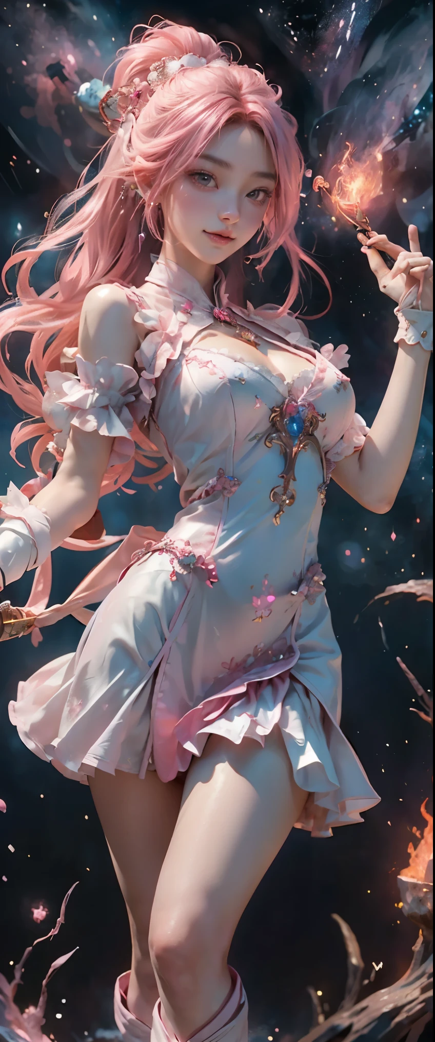 masterpiece,detailed,shiny skin,1girl,Japanese woman in her late s ,(Magical Girl),(have a magic wand in hand:1.3),standing,big breasts,(cleavage),big ass,(thighs focus),pink long blonde,brown eyes,(square hanging eyes),precisely drawn face,(Intricate pink and white dress),layered dress, White leather knee-high boots, vibrant contrasting colors, intricately designed details,(1thumb and 4fingers:1.3),(heart-shaped pink hair ornament),(dynamic pose),(haunting smile),(Attack with pyrokinesis:1.5),(flying in the starry night sky:1.3),