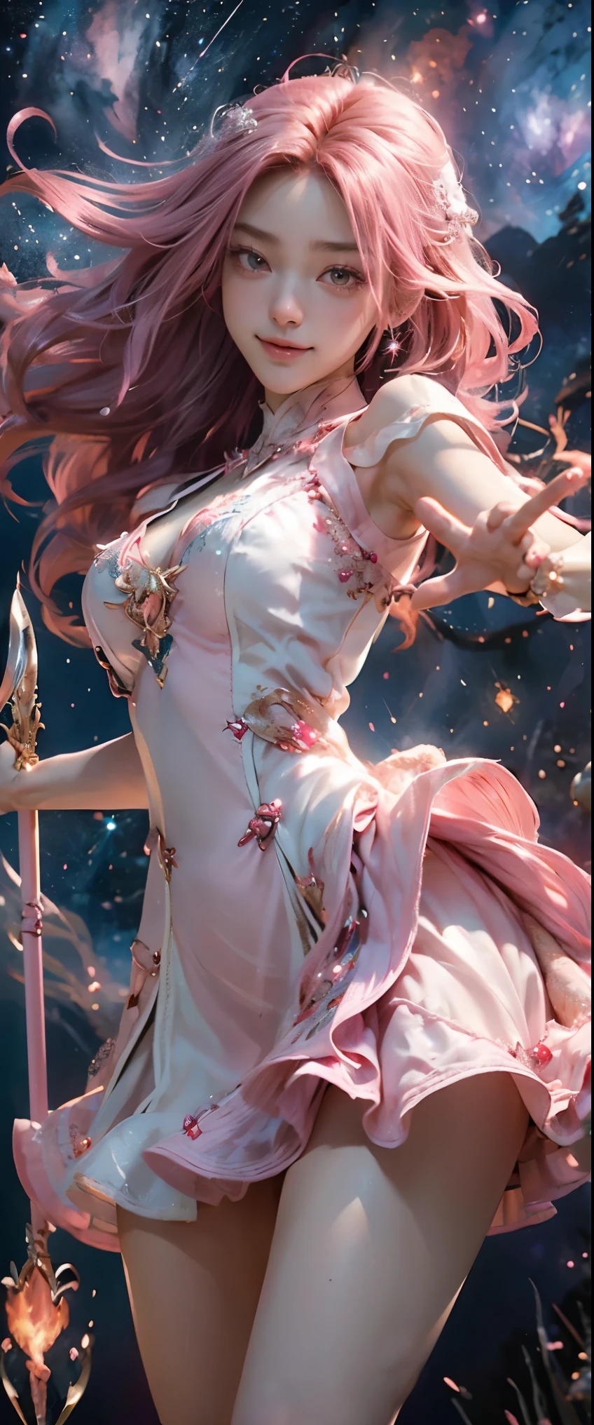 masterpiece,detailed,shiny skin,1girl,Japanese woman in her late teens ,(Magical Girl),(have a magic wand in hand:1.3),standing,big breasts,(cleavage),big ass,(thighs focus),pink long blonde,brown eyes,(square hanging eyes),precisely drawn face,(Intricate pink and white dress),layered dress, White leather knee-high boots, vibrant contrasting colors, intricately designed details,(1thumb and 4fingers:1.3),(heart-shaped pink hair ornament),(dynamic pose),(haunting smile),(Attack with pyrokinesis:1.5),(flying in the starry night sky:1.3), 