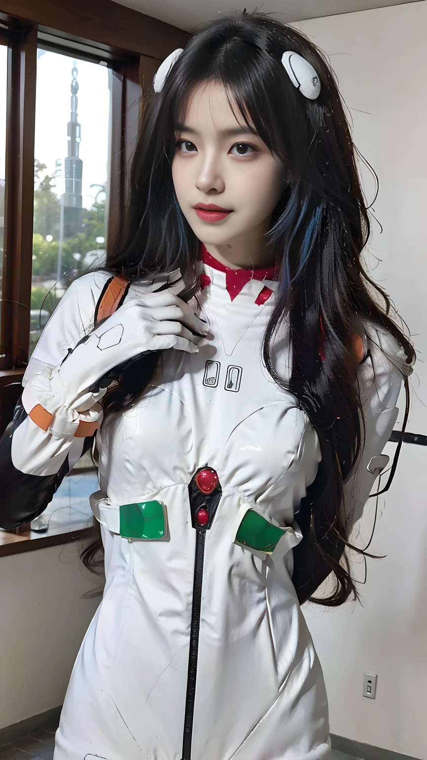 best quality, natural lighting, masterpiece, 1 girl, perfect beautiful face, (photo photo:1.3), edge lighting, photography lighting, (high detail skin:1.2), 8k ultra hd, DSLR, high quality, high resolution, white skin, detailed textured skin, 3/4 body in frame, sexy posing, cute smile face, close-lip, perfect propotion face, symetric face, eye level shot, 4k, 8k, bokeh, absurd, best ratio four fingers and one thumb, (realistic:1.3), beautiful detailed girl, cute 1girl, long hair, bangs, volume hairs, collosal-breast, full looking breast, projecting breast, slim waist, slender, small thighs, perfectly proportion, scenery background, detailed background, trees, clouds, ayanami_cosplay_costume, plugsuit, blue hair, ayanami rei, pilot suit, cosplay, long hair, interface headset, hairpods, gloves, bracer, skin tight, hands behind back