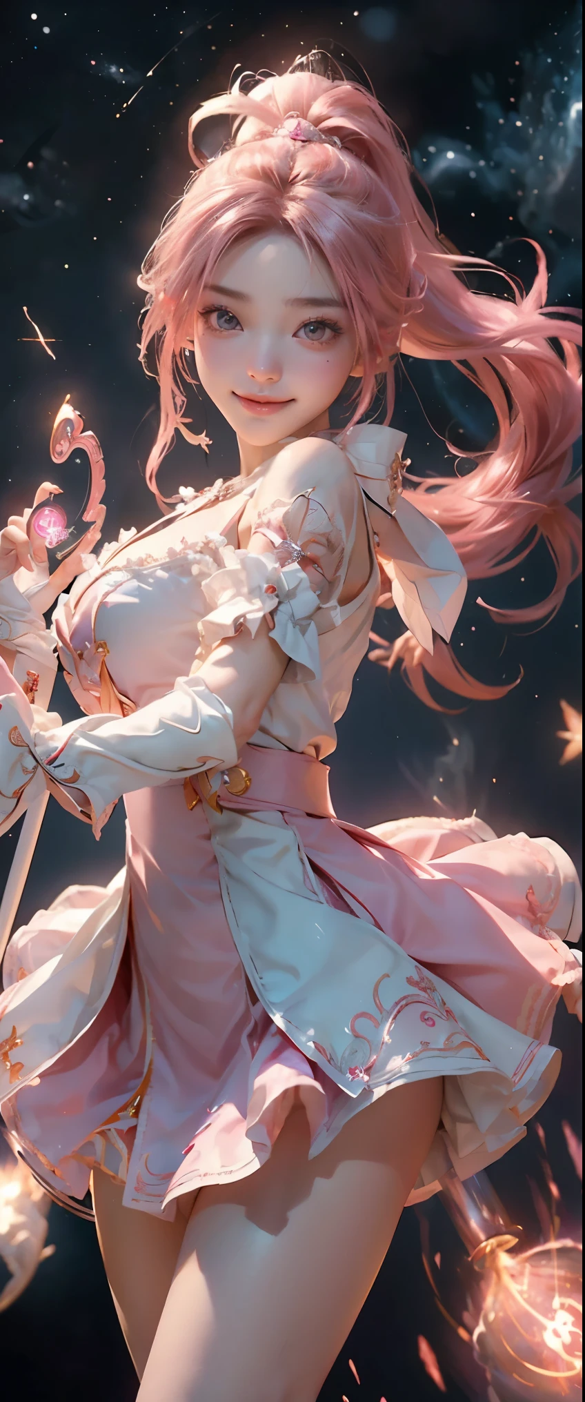 masterpiece、detailed、16K、shiny skin、1girl、(magical girl flying in the night sky)、(Holding a magic wand:1.3)、Are standing、big breasts、(cleavage)、big ass、(thigh focus)、cute、pink long blonde、ponytail、brown eyes、(非常にdetailedな目と顔)、Accurately drawn face、(intricate pink and white dress)、Layer Dresses、super mini skirt、(I can see your butt)、white leather knee high boots、vivid contrasting colors、intricately designed details、(best ratio 1 thumb、Refers to 4 books:1.3)、(heart shaped pink effect)、(dynamic pose)、(Ghost Smile)、(magic that manipulates flames:1.5)、(Point to you:1.3)、