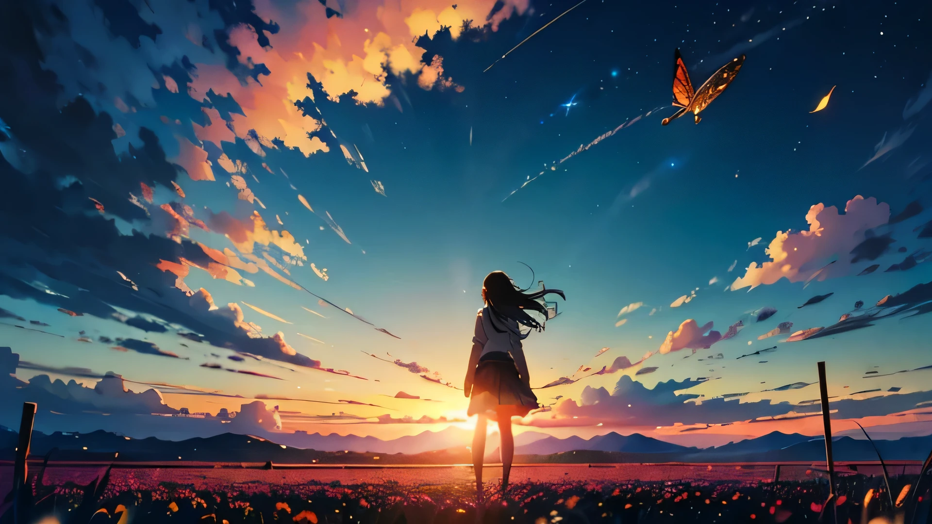 High resolution, highest quality, Super detailed, makoto shinkai, vast landscape photography , (view from below,Shows the sky above and below), A girl standing in a flower field and looking up, Tree BREAK production art, (daytime sky:1.2), (firefly:1.2), grassland, horizontal line, spring atmosphere, horizontal lineに続く一本道