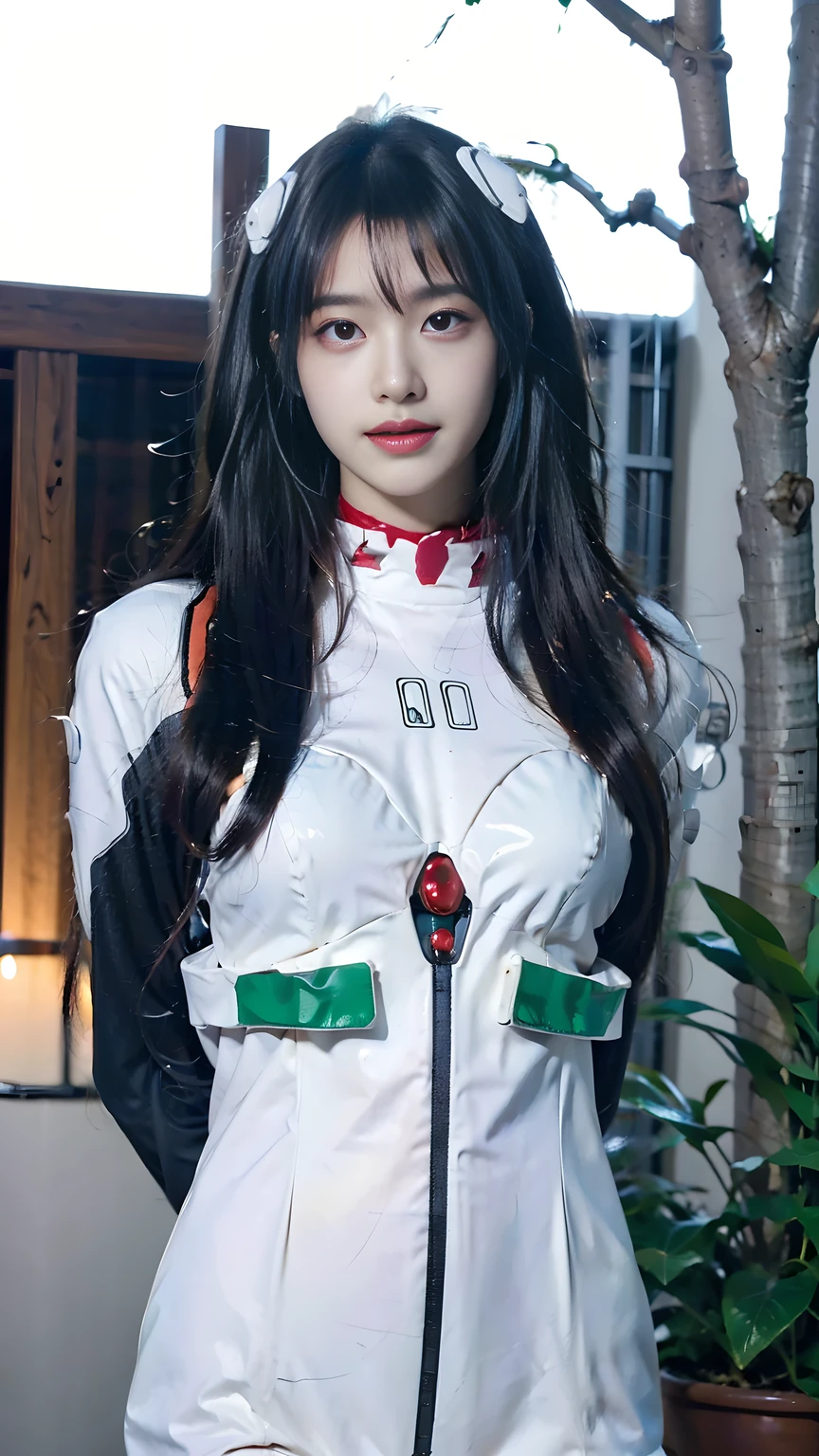 best quality, natural lighting, masterpiece, 1 girl, perfect beautiful face, (photo photo:1.3), edge lighting, photography lighting, (high detail skin:1.2), 8k ultra hd, DSLR, high quality, high resolution, white skin, detailed textured skin, 3/4 body in frame, sexy posing, cute smile face, close-lip, perfect propotion face, symetric face, eye level shot, 4k, 8k, bokeh, absurd, best ratio four fingers and one thumb, (realistic:1.3), beautiful detailed girl, cute 1girl, long hair, bangs, volume hairs, collosal-breast, full looking breast, projecting breast, slim waist, slender, small thighs, perfectly proportion, scenery background, detailed background, trees, clouds, ayanami_cosplay_costume, plugsuit, blue hair, ayanami rei, pilot suit, cosplay, long hair, interface headset, hairpods, gloves, bracer, skin tight, hands behind back, seductive pose