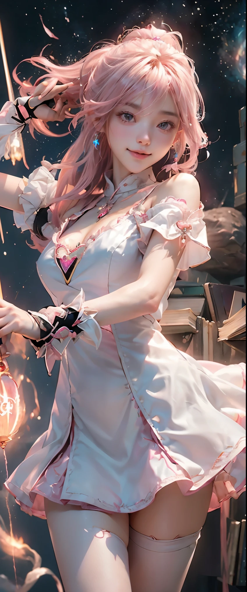 masterpiece、detailed、shiny skin、1girl、Japan woman in her late s、(Magical girl)、(Holding a magic wand:1.3)、Are standing、big breasts、(cleavage)、big ass、(thigh focus)、cute、pink long blonde、ponytail、brown eyes、(非常にdetailedな目と顔)、Accurately drawn face、(intricate pink and white dress)、Layer Dresses、super mini skirt、white leather knee high boots、vivid contrasting colors、intricately designed details、(best ratio 1 thumb、Refers to 4 books:1.3)、(heart-shaped pink hair ornament)、(dynamic pose)、(Ghost Smile)、(Pyrokinesis attack:1.5)、(Fly through the stars:1.3)、