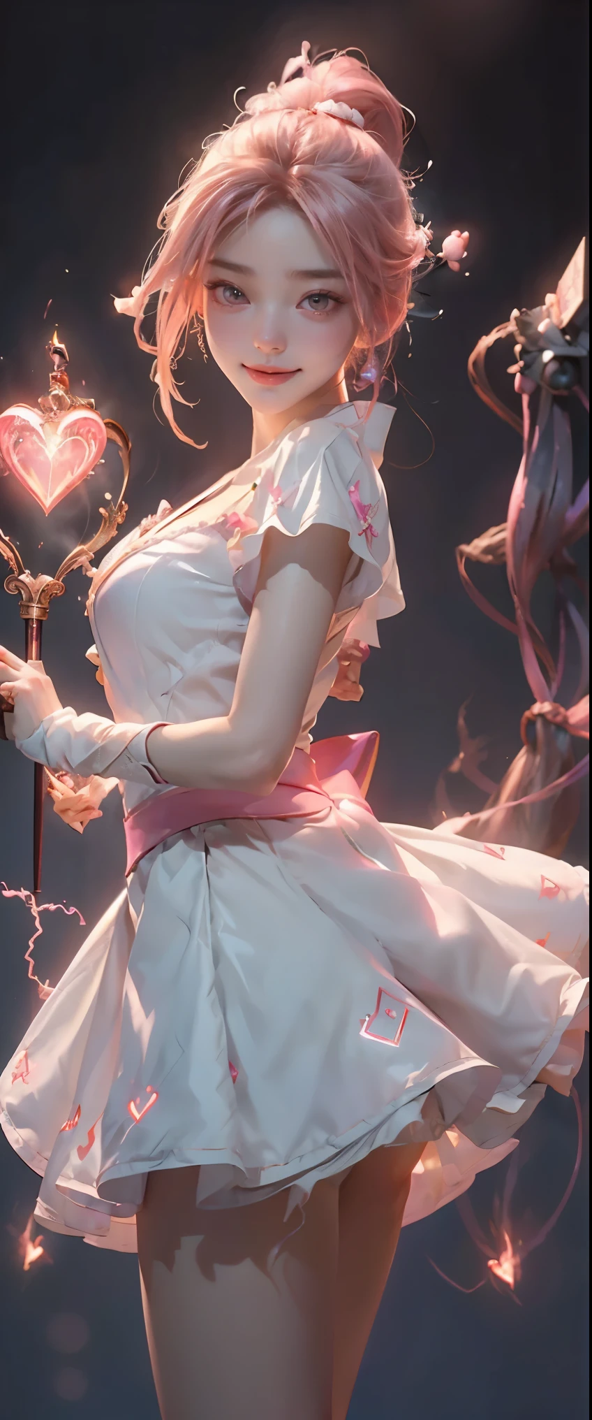 masterpiece、detailed、shiny skin、1girl、Japan woman in her late s、(Magical girl)、(Holding a magic wand:1.3)、Are standing、big breasts、(cleavage)、big ass、(thigh focus)、cute、pink long blonde、ponytail、brown eyes、(非常にdetailedな目と顔)、Accurately drawn face、(intricate pink and white dress)、Layer Dresses、super mini skirt、white leather knee high boots、vivid contrasting colors、intricately designed details、(best ratio 1 thumb、Refers to 4 books:1.3)、(heart shaped pink effect)、(dynamic pose)、(Ghost Smile)、(Pyrokinesis attack:1.5)、(Point to you:1.3)、