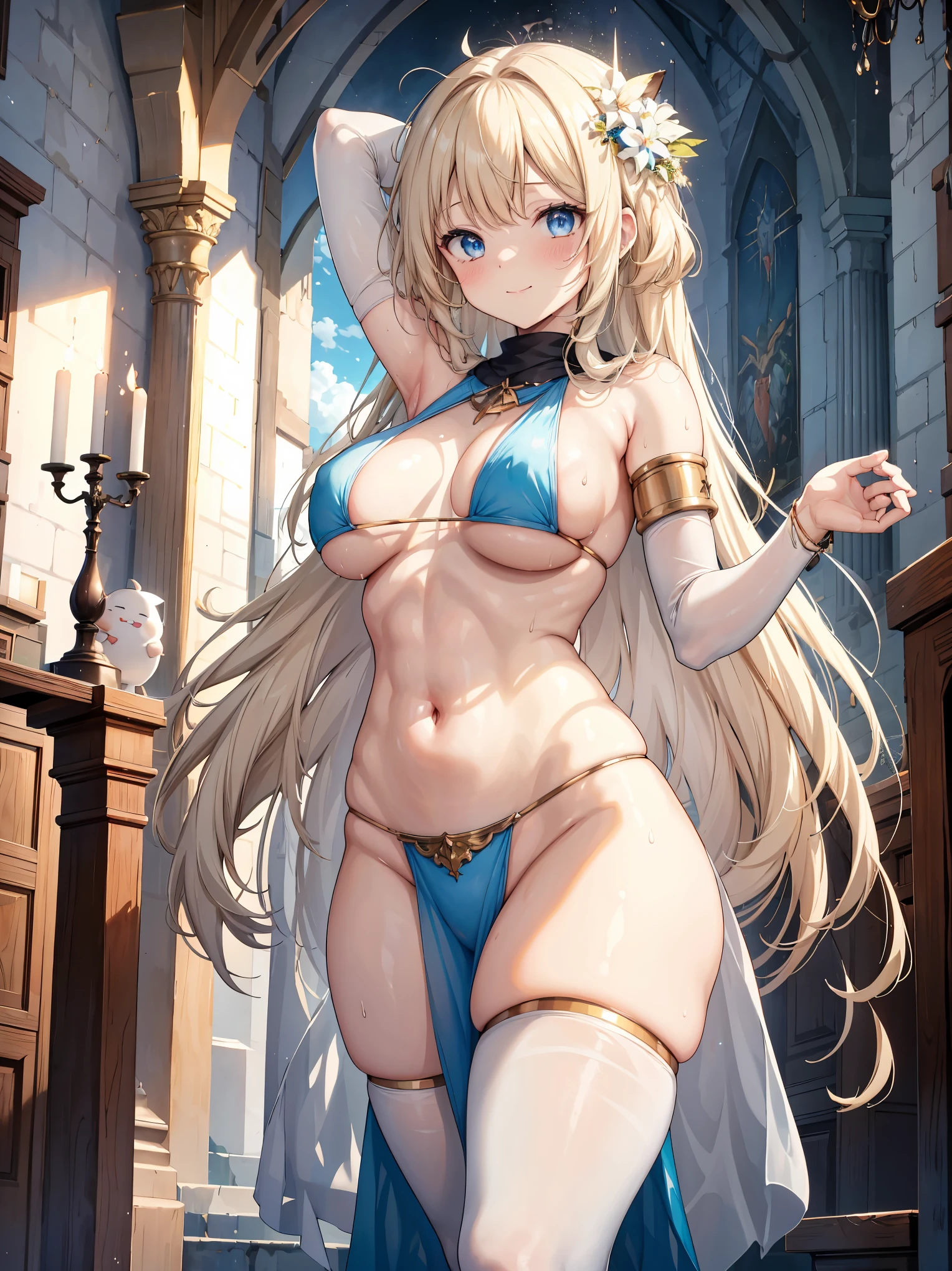 The prompt is: voluptuous,  thick thighs, 8K, 4K, best quality, high resolution:1.2), cute anime face, noise reduction, sparkling blue eyes, cheerful smile , open your mouth and laugh ,rounded, naked, barefoot, toned abs, muscular arms, muscular legs, in a bedroom , young face, anime chic eyes, at church,  Rear view, T-back that digs into your butt, Turning around, brown long hair, standing position, loincloth
Please note that the prompt should be in English and should not include any explanations or sentences.