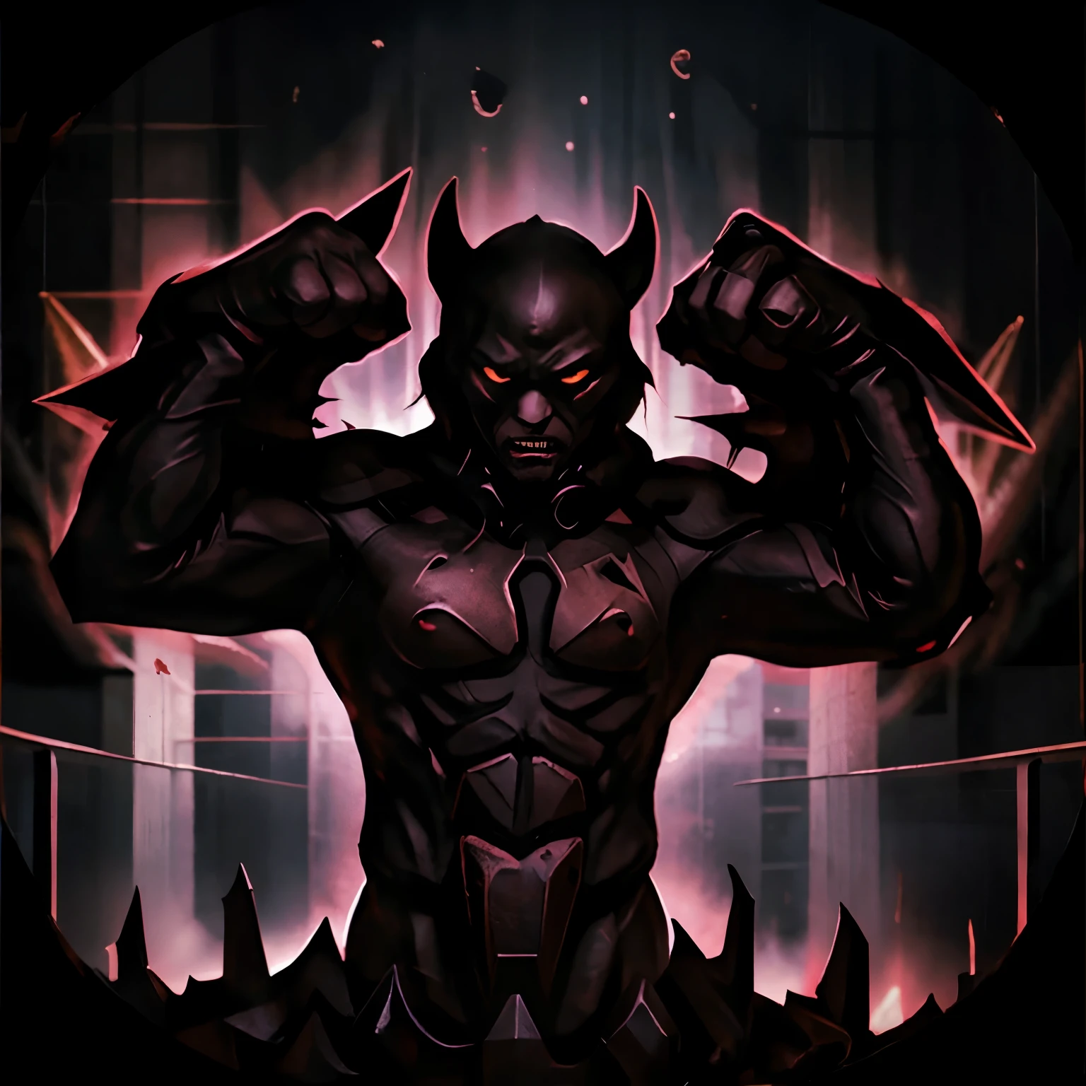(best quality,highres),death metal album cover,batman,horrific atmosphere,[gothic] style,dark,ominous,gritty,sharp contrasts,[eerie lighting],violence,skulls,spikes,[aggressive pose],blood splatters,gloomy cityscape,punk,chaotic energy,[intense colors],distorted typography,[sinister details],demonic symbols,graffiti,evil,menacing,ominously looming bat signal,extreme detail description,contrasting textures,grungy aesthetic,menacing eyes,bat wing motifs