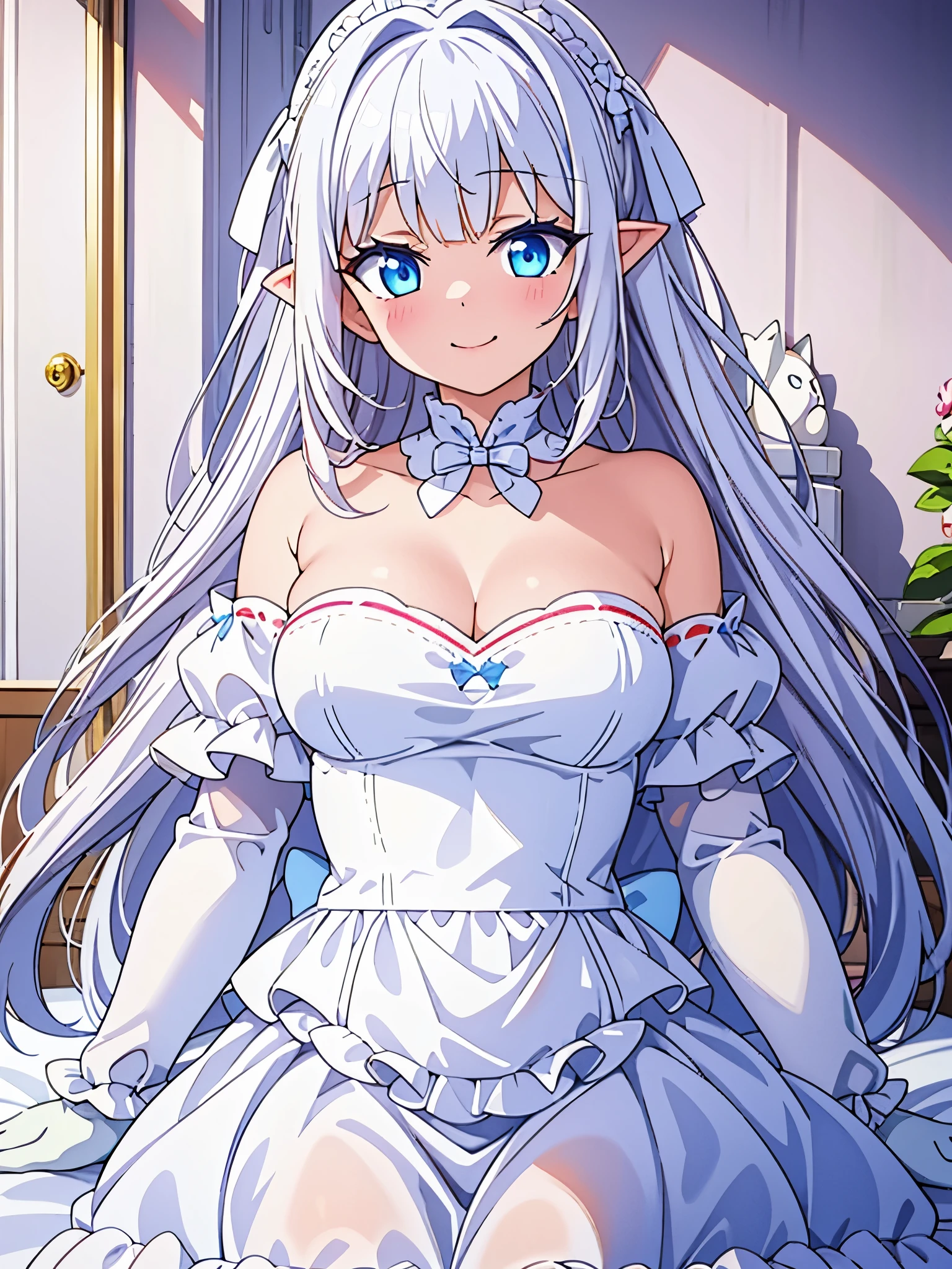 Lazy wind，wide blue eyes，White hair，Dull hair，Beast-eared maiden，White tones，sitted，1girll，Solo，adolable，white dresses，Big hazy eyes，Facial details are exquisite，Beth，onbed，Impeccable，Cute pose，Plush cat's paw gloves，Shy laugh，The complexion is reddish