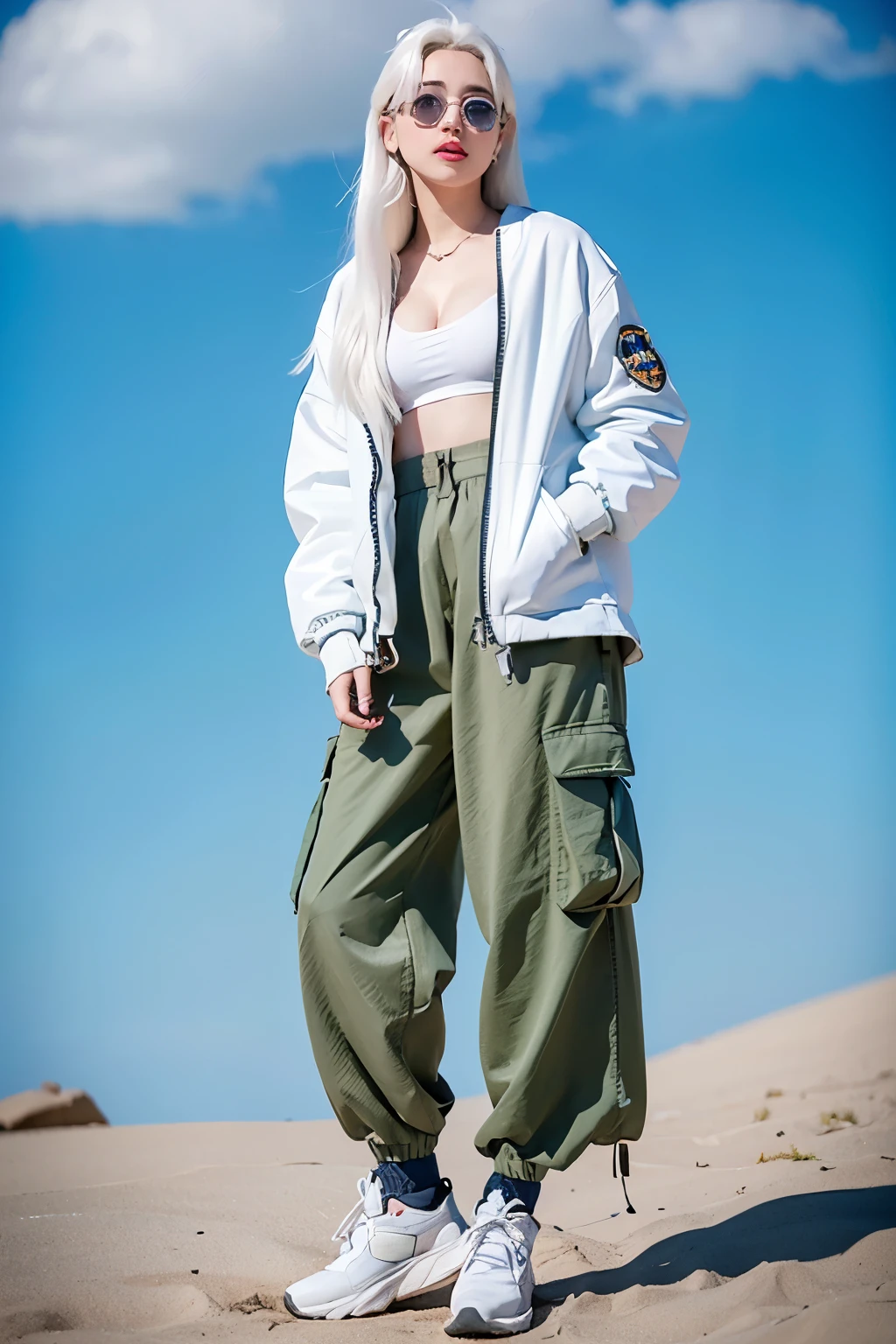 realistic, High resolution, 1 female, glowing skin, alone, wide lips,long hair,straight hair,saggy breasts,small face,white hair,Color Contacts,Jacket,cargo pants,Full body coordination,World heritage background,noon,blue sky
