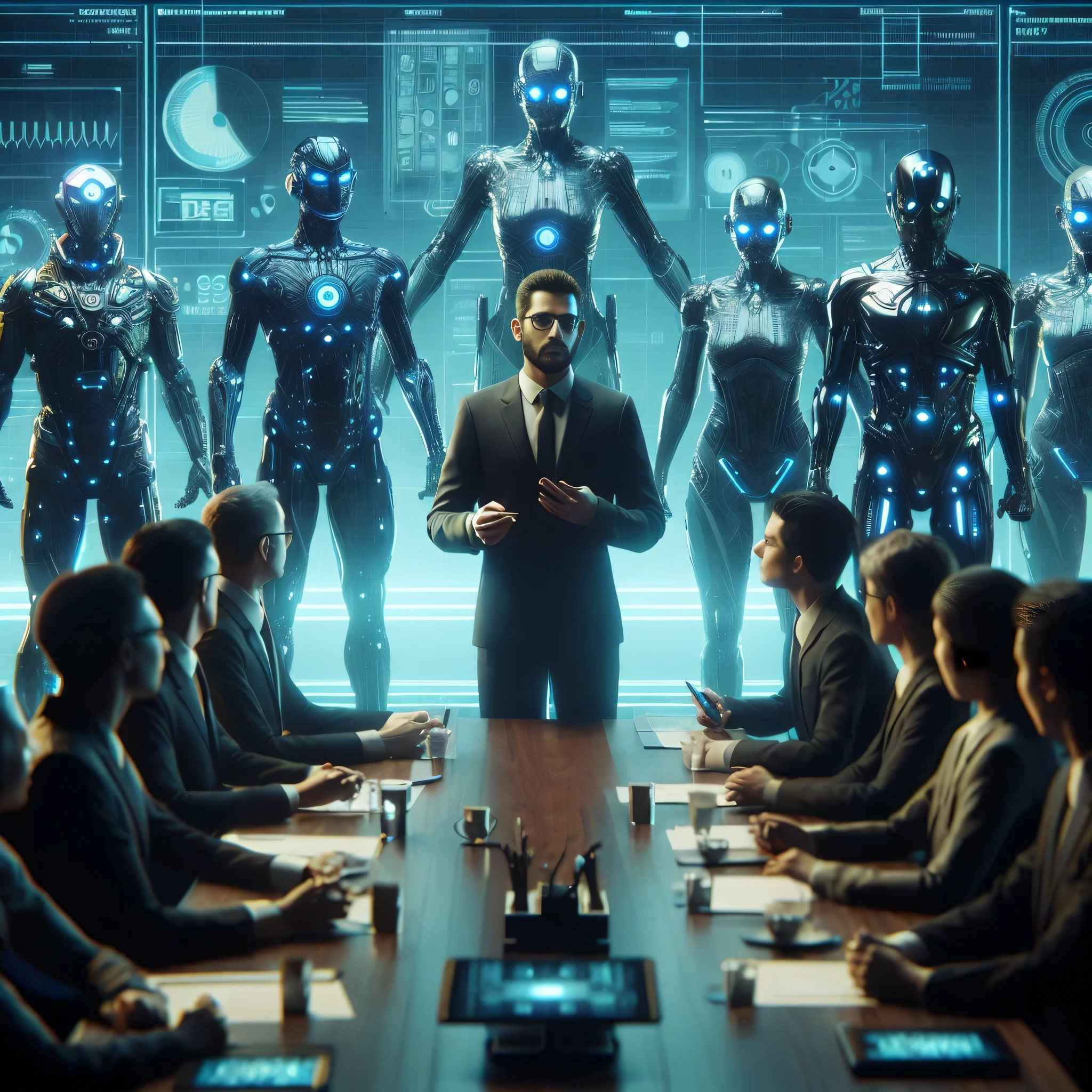 there are many people sitting around a table with robots standing around, strong artificial intelligence, artificial intelligence gods, depicted as a scifi scene, endless collaboration with ai, evil artificial intelligence, diverse cybersuits, the coming ai singularity, artificial intelligence, cyberpunk transhumanist, cybersuits, crowd of androids, ai producing the realist, the encrypted metaverse, futuristic government chambers