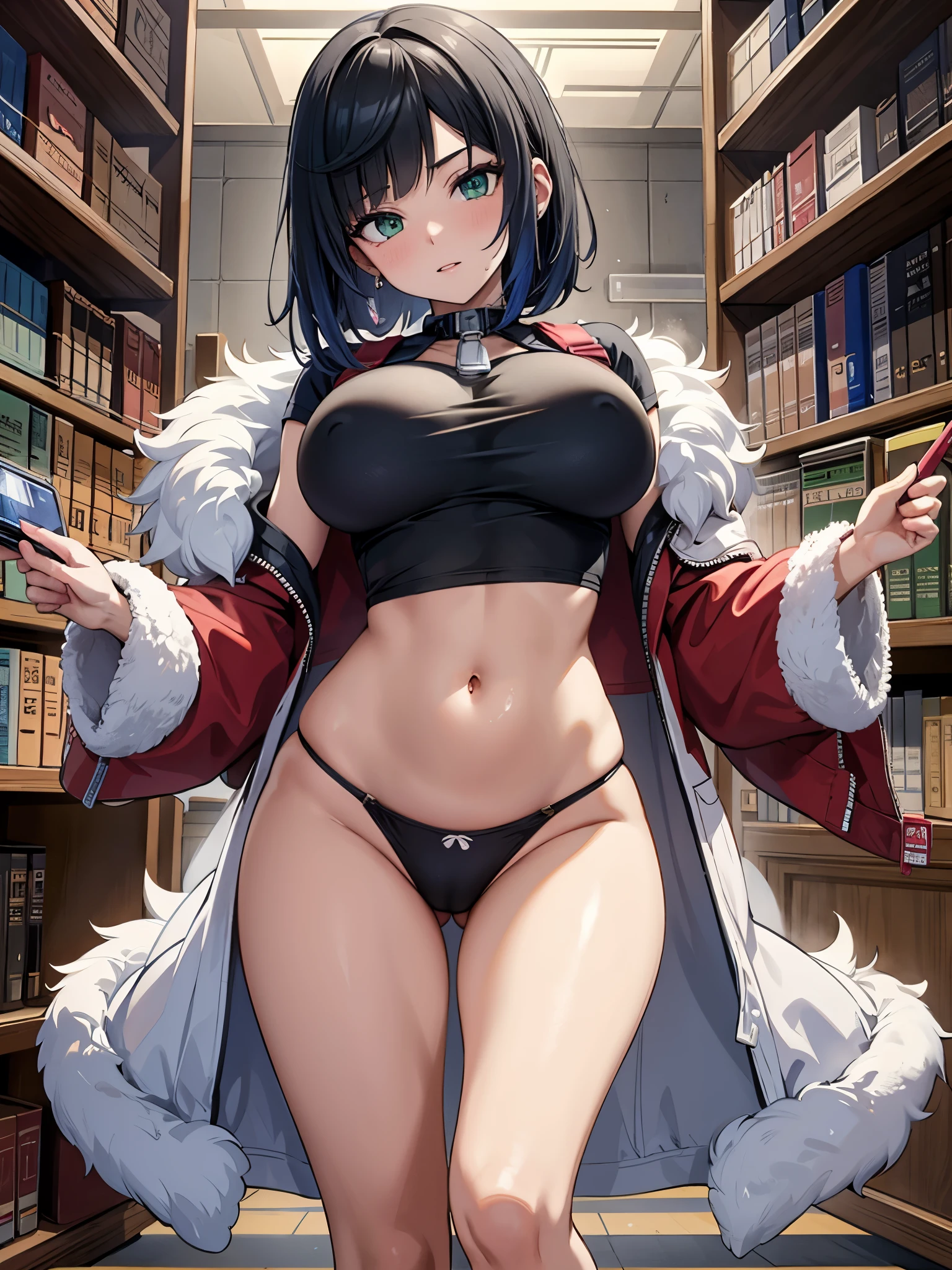 1 woman, 30s, holding female vibrator, perfect face, perfect eyes, MILF, mature, Bigger breasts, big breasts, slim waist, Long legs, porn show, only, (Bottom with: library) She has short black hair, standing, sweating profusely, drenched body, seen from the front, straight hair, mostly cloudy sky, (((masterpiece)), (very detailed Unity 8K CG wallpaper), best quality, cinematic lighting, detailed background, beautiful eyes, bright, green eyes, ultra-detailed, masterpiece,), facing the camera, (upper body image), high resolution, ultra-detailed), revealing breasts, bulge, sexy posture, camel toes, complexion rushed, facade, slave collar, red baseball jacket, black high waist panties, V-shaped panties, sports shoes), full body, show shoes