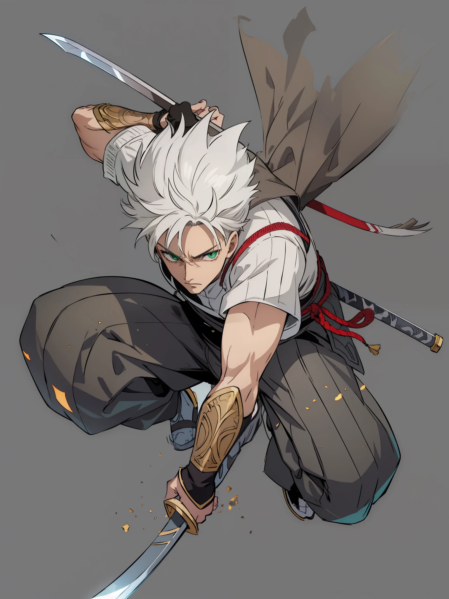 Handsome boy with short white hair,green eyes,handsome face,cold expression,Beautiful eyes,Ninja holding sword, Wearing white top and gray pants