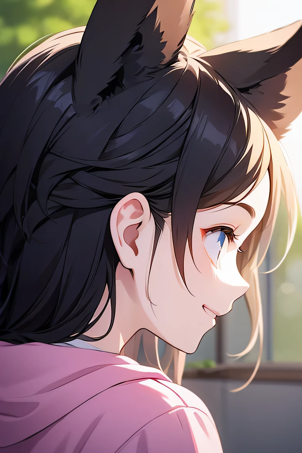 smiling, high quality, best quality, grabbing ears, cute, profile picture 