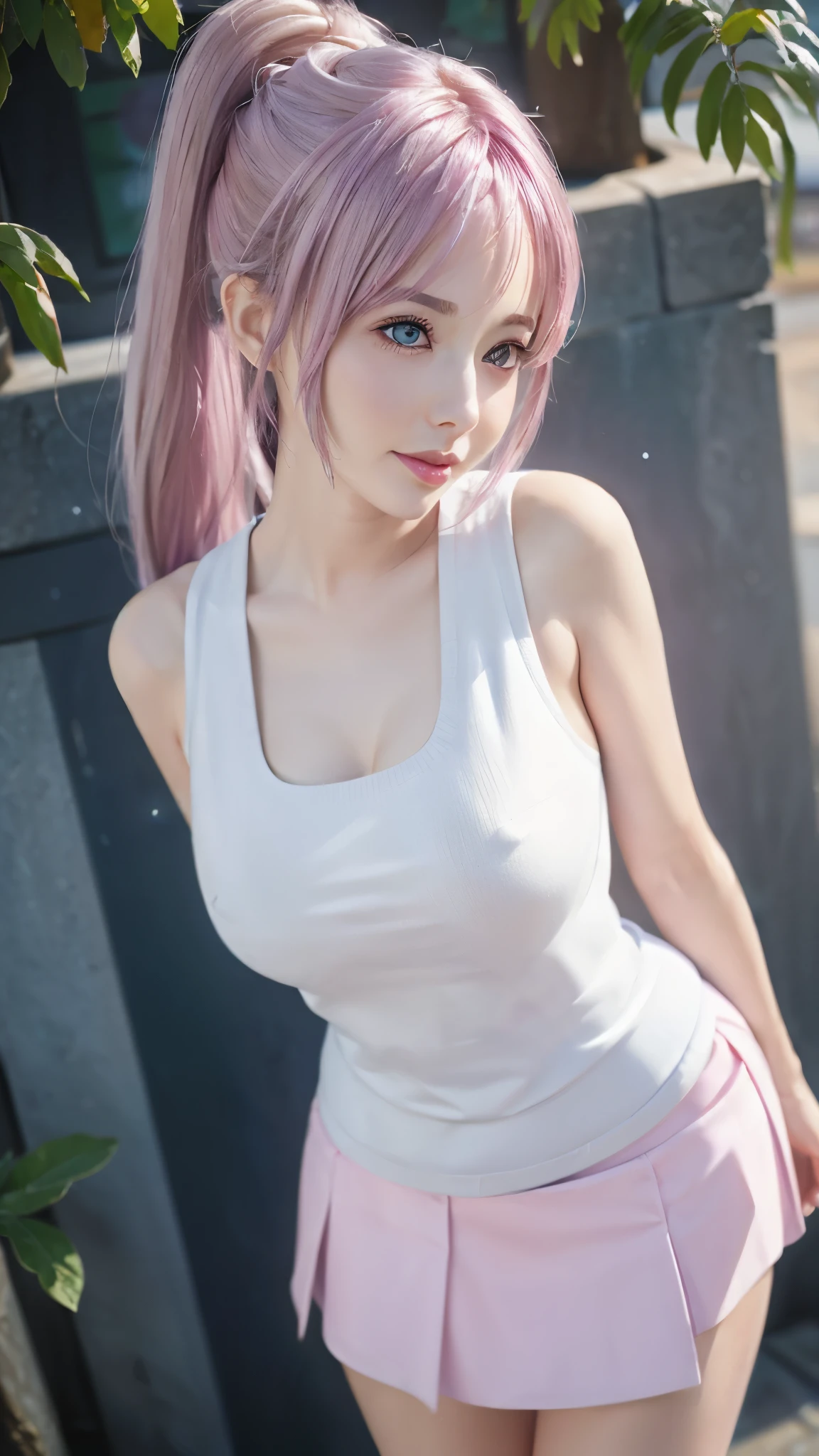 Close-up of a woman wearing a pink vest and skirt, pale milky porcelain skin, fair skin, skin smooth and translucent, anime manga girl, beautiful anime woman, surreal sweetness, white color hair , high ponytail colorful eyes, pale porcelain white skin, smooth and realistic perfect body, anime manga girl, realistic shadow perfect body, Guwitz masterpiece