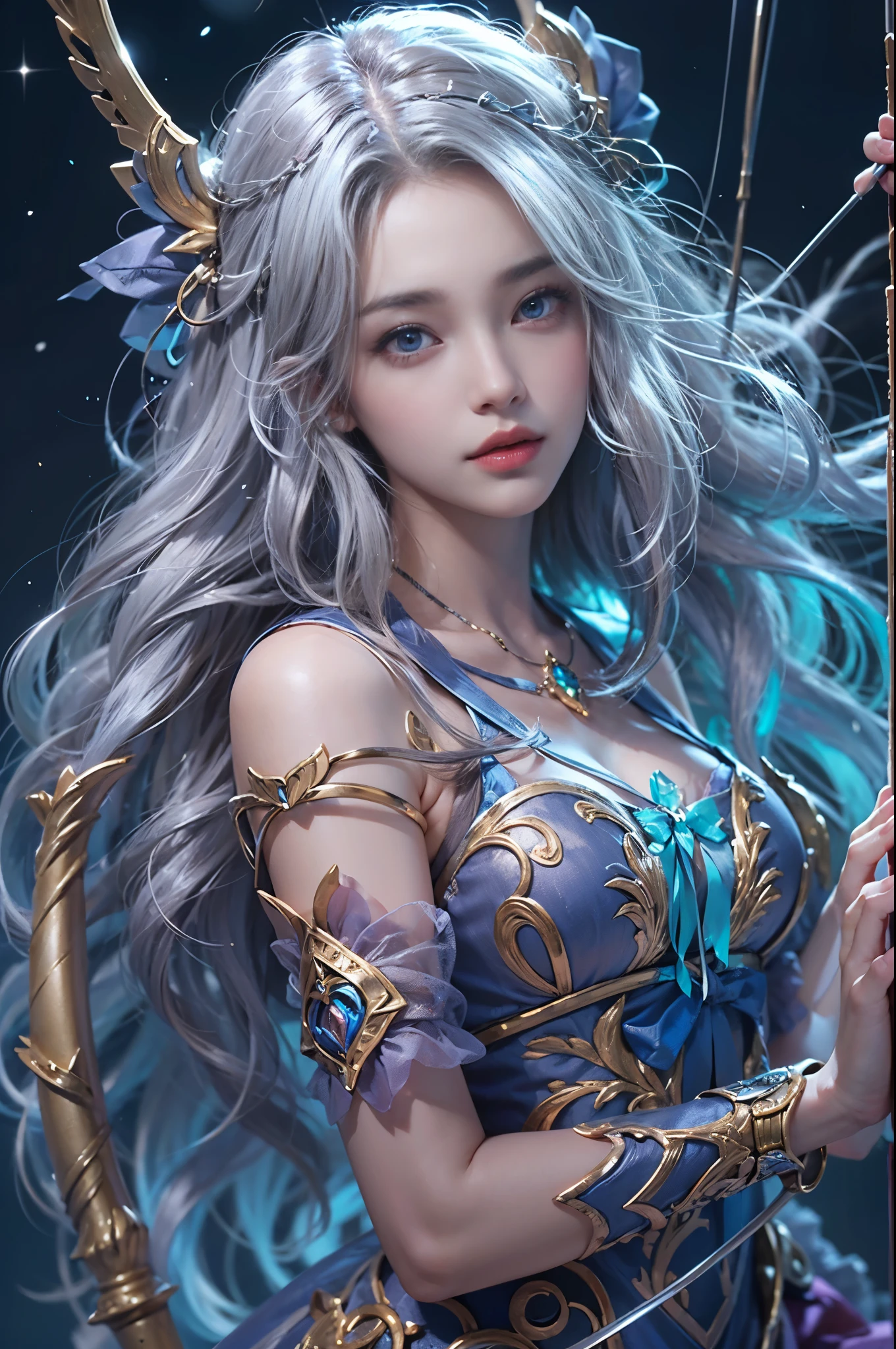 (Archer girl dressed in armor like an enchanting moon goddess),(Realistic Beautiful Night Sorceress),(Artemis, goddess of the moon),Silver bow and arrow with luxurious decoration in the hand,Ready to shoot the bow,mysterious girl,Amazing effect,(),Lifelike face,Compassionate eyes,cute face,Blue eyes,Realistic Nada Room,Silver hair shining like the moon,de pele branca,Young Goddess,Photoquality,Dignified Moon,Tsurime,Blue glowing eyes,((Bow Drawing Pose)),