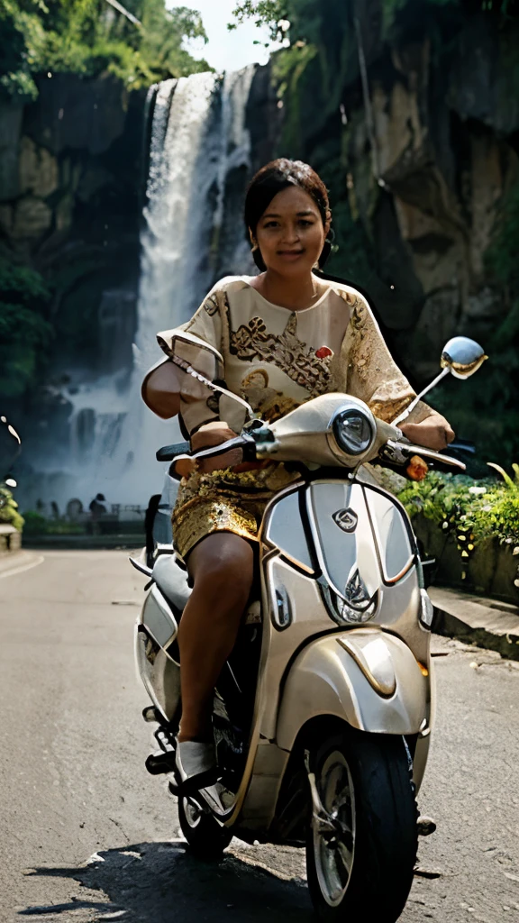 Indonesian women, 40 years old, wearing Javanese kebaya, riding a Vespa sprint s 150 , river background and waterfall