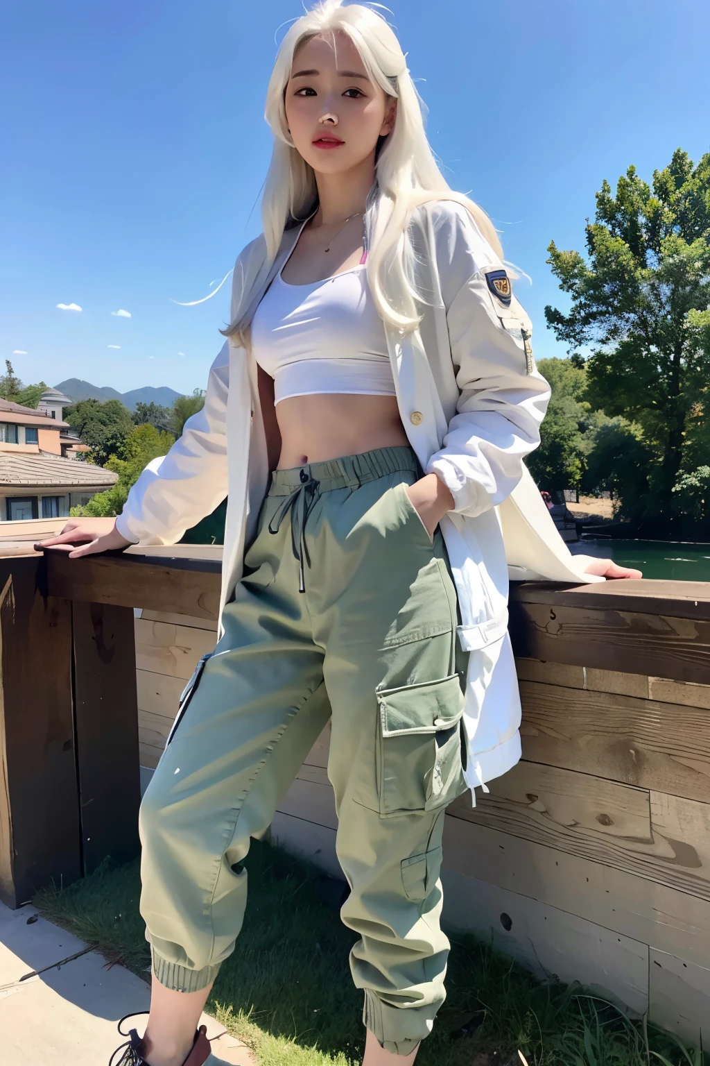realistic, High resolution, 1 female, glowing skin, alone, wide lips,long hair,straight hair,saggy breasts,small face,white hair,Color Contacts,Jacket,cargo pants,Full body coordination,World heritage background,noon,blue sky