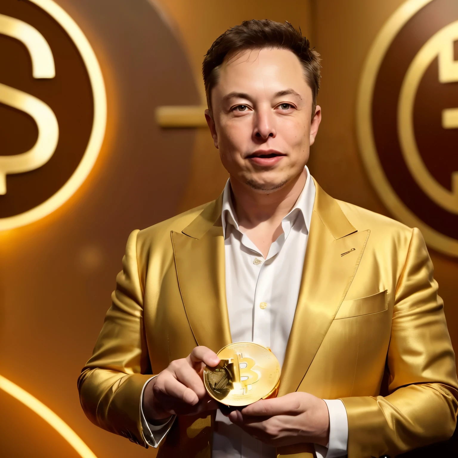 (best quality,4k,8k,highres,masterpiece:1.2),ultra-detailed,realistic:1.37,portrait,Elon Musk in a solid golden suit, holding bitcoins in his hands, shiny gold texture, detailed facial features, sharp focus, studio lighting, vivid colors, with a background of futuristic technology and rockets.