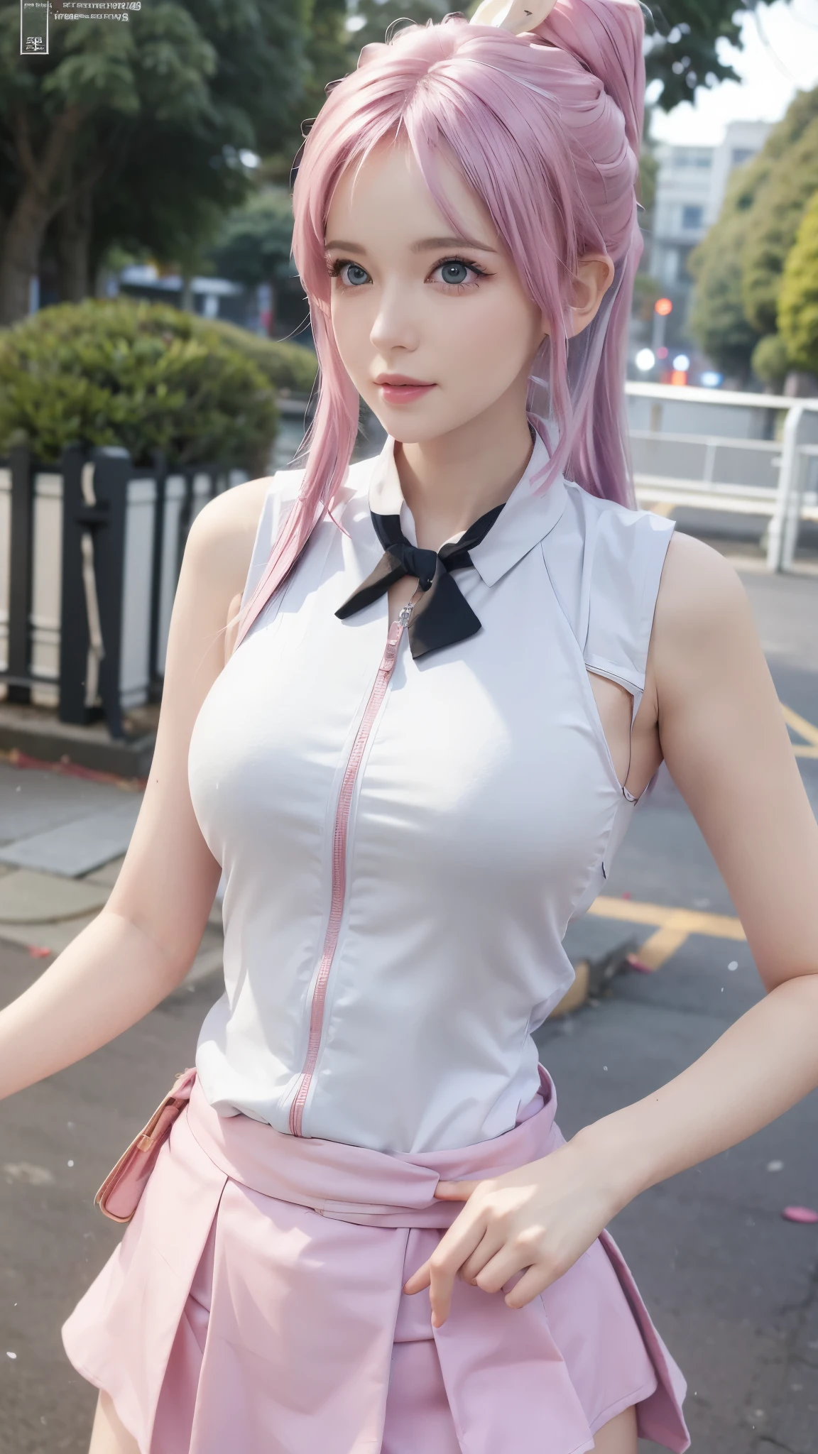 Close-up of a woman wearing a pink vest and skirt, pale milky porcelain skin, fair skin, skin smooth and translucent, anime manga girl, beautiful anime woman, surreal sweetness, white color hair , high ponytail colorful eyes, pale porcelain white skin, smooth and realistic perfect body, anime manga girl, realistic shadow perfect body, Guwitz masterpiece