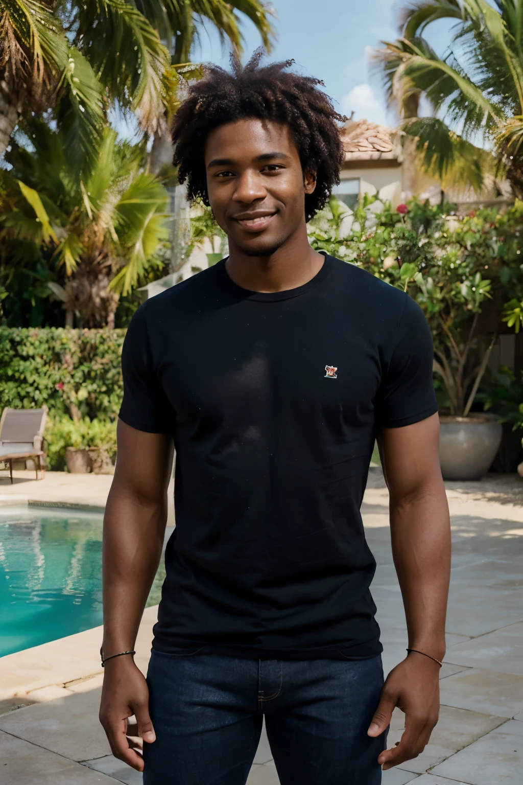 ((perfect photograph)), ((realistic)), ((8k)), (perfect face), gorgeous black man with dark afro hair, wearing a straight long red t-shirt and dark jeans, standing towards the camera, sunny day by a pool, torso facing camera, outdoors, lots of light, smiling, lots of plants, bright blue eyes