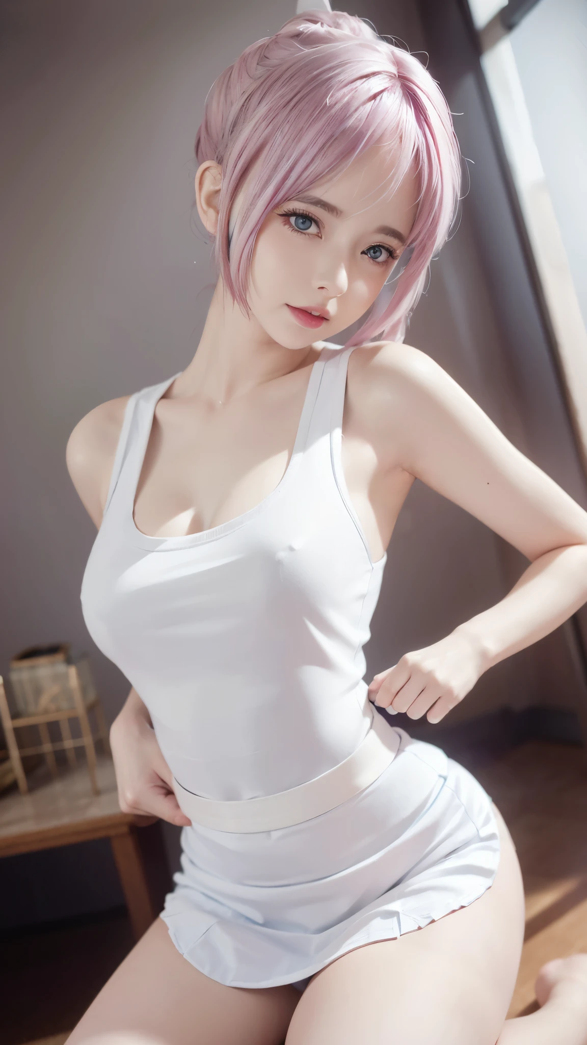 Close-up of a woman wearing a pink vest and skirt, pale milky porcelain skin, fair skin, skin smooth and translucent, anime manga girl, beautiful anime woman, surreal sweetness, white color hair , high ponytail colorful eyes, pale porcelain white skin, smooth and realistic perfect body, anime manga girl, realistic shadow perfect body, Guwitz masterpiece