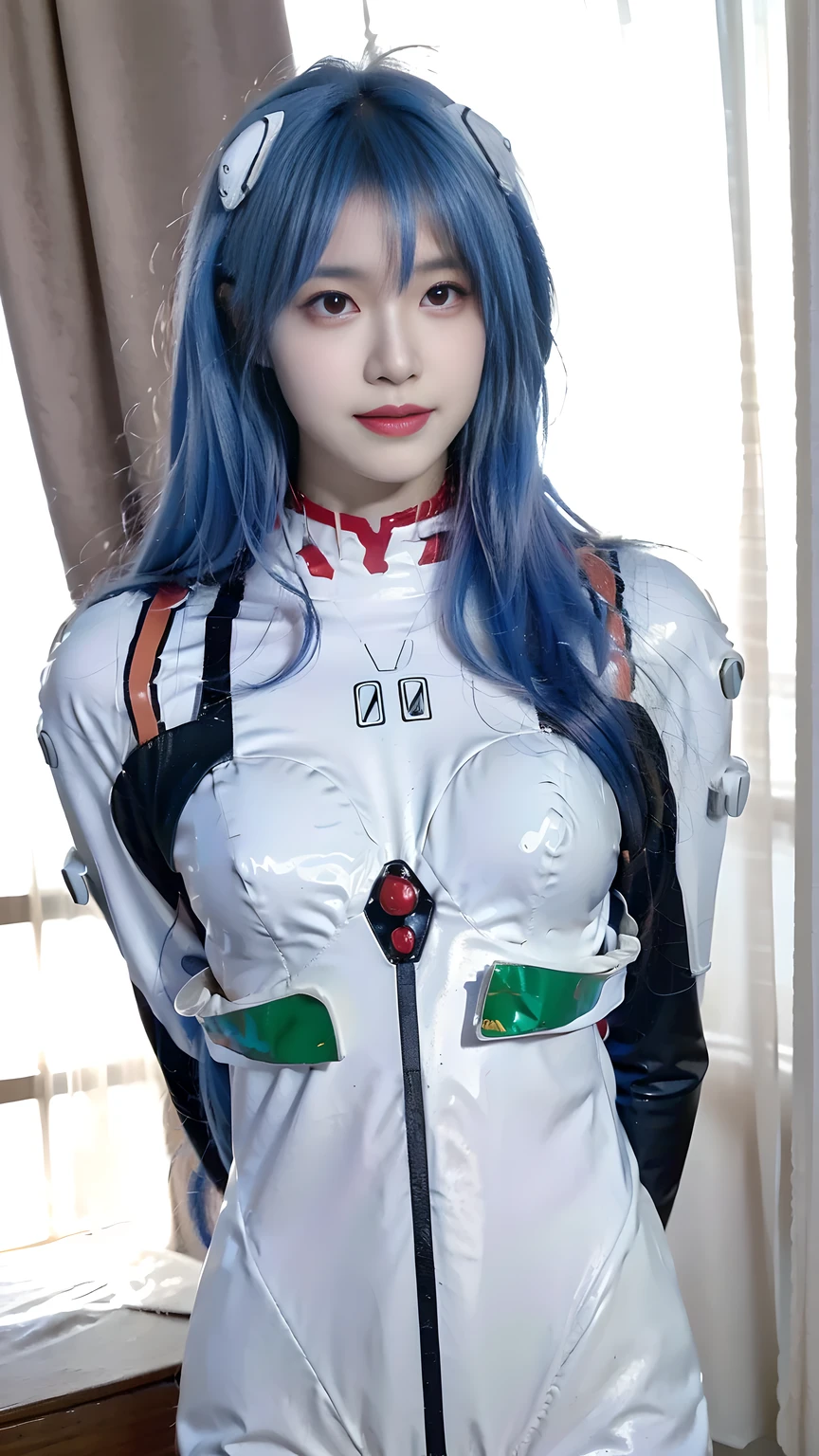 best quality, natural lighting, masterpiece, 1 girl, perfect beautiful face, (photo photo:1.3), edge lighting, photography lighting, (high detail skin:1.2), 8k ultra hd, DSLR, high quality, high resolution, white skin, detailed textured skin, 3/4 body in frame, sexy posing, cute smile face, close-lip, perfect propotion face, symetric face, eye level shot, 4k, 8k, bokeh, absurd, best ratio four fingers and one thumb, (realistic:1.3), beautiful detailed girl, cute 1girl, long hair, bangs, volume hairs, collosal-breast, full looking breast, projecting breast, slim waist, slender, small thighs, perfectly proportion, scenery background, detailed background, trees, clouds, ayanami_cosplay_costume, plugsuit, blue hair, ayanami rei, pilot suit, cosplay, long hair, interface headset, hairpods, gloves, bracer, skin tight, hands behind back, seductive pose