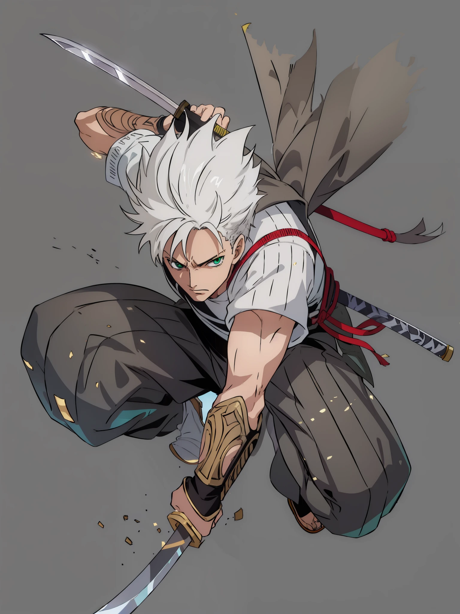 Handsome boy with short white hair,green eyes,handsome face,cold expression,Beautiful eyes,Ninja holding sword, Wearing white top and gray pants
