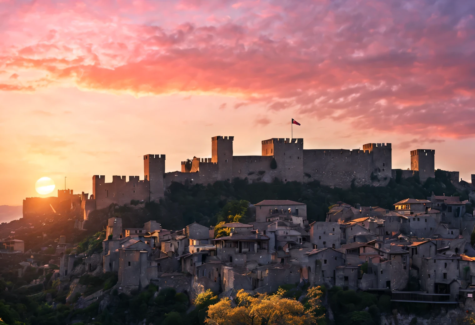 Древний город на sunsetе, high stone walls, tall stone towers with weather vanes protrude from behind the walls, the roofs of high palaces and flags on the roofs are visible, the ancient coat of arms of the city is located on the large massive gate of the ancient city, the horizon with the setting sun is visible in the background, sunset, sunset rays of the sun give the whole view pink-orange shades. high detail, a high resolution, photorealistic, a high resolution, 8K