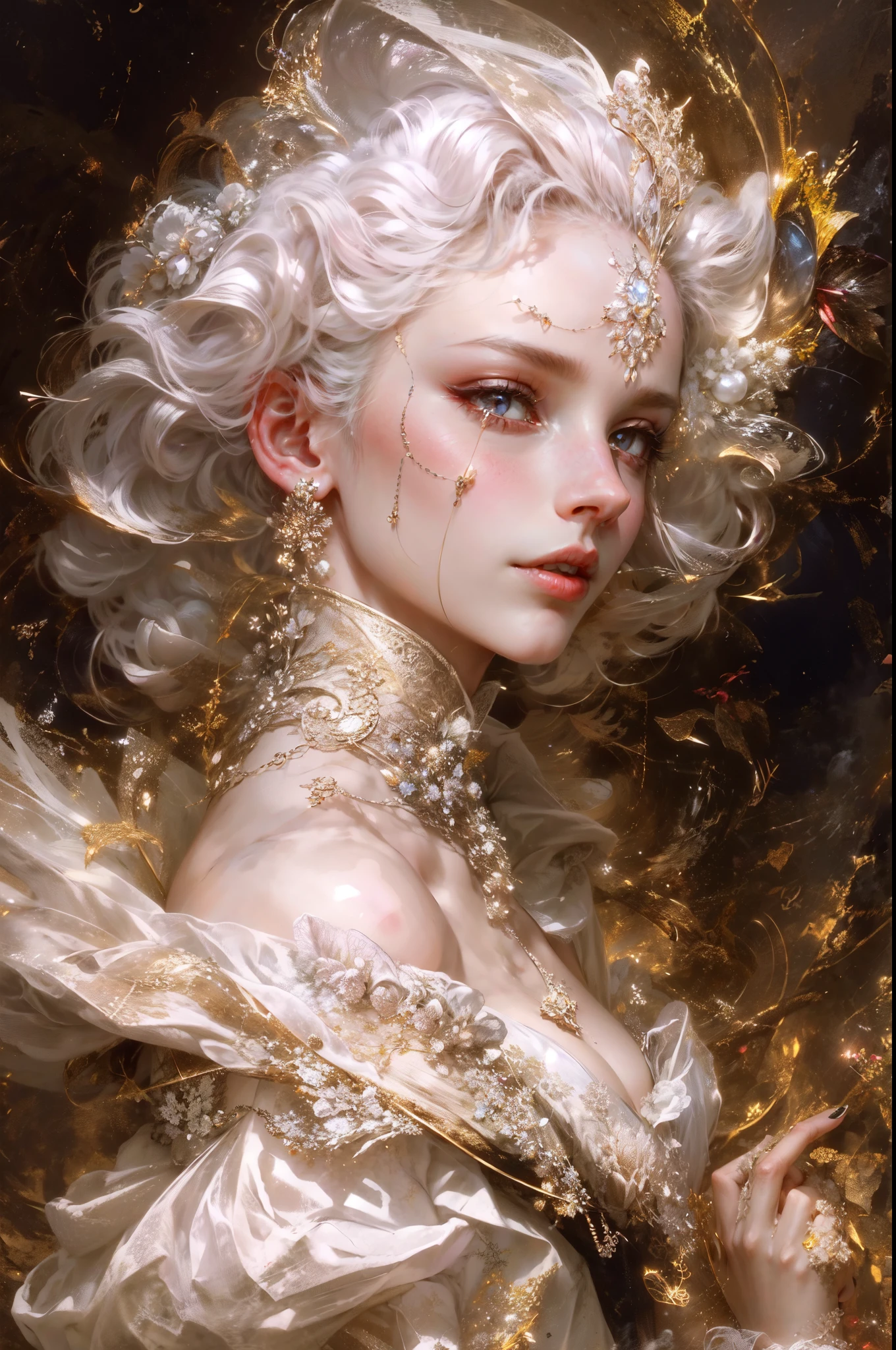 Hyper - detailed, graceful hands, perfect, hyper detailed. best quality, masterpiece, cinematic, volumetric lighting, side lighting, beautiful woman, detailed 8k short hair Chanel black beak, standing framing, beautiful, detailed face, detailed face, white skin, gothic makeup, red dress, holding a glass of wine in one hand ,beautiful scenery ,classic ,with people dancing in the background in soft blur, elegant pose, sexy, seductive