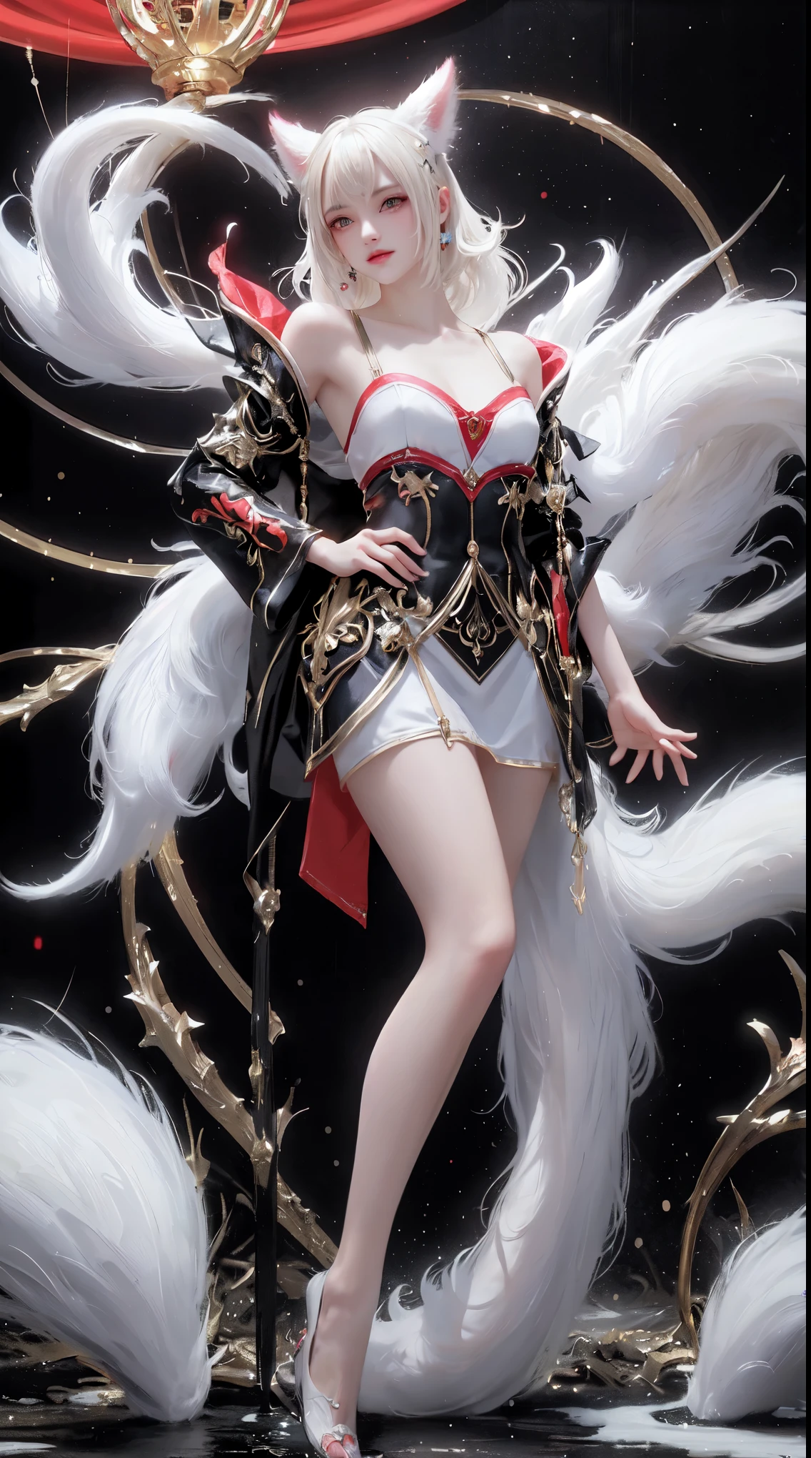 Ahri_Cosplay, White Tails, Black long hair, yellow eyes, ((yushuxin,1girl,solo)),(((Miss))), (((better quality))), (((masterpiece))), (((aldult))), (((1 girl))), ((( bob hairstyle ))), (( National Science Foundation )), Miss de 25 anos com um corpo musculoso;, (( bob hairstyle )), clear skin, Simon Beasley (Simon Bisley), Nude showing off wild urban style, blonde short hair, minimum attire, There is metal protection on the left arm，With complex graphics, deep red，With white stars and black and white splashes, armor, full of thorns, (((From the knee up))), 白色blonde short hair, Wall in background painted by Shepard Fairey，Complex design