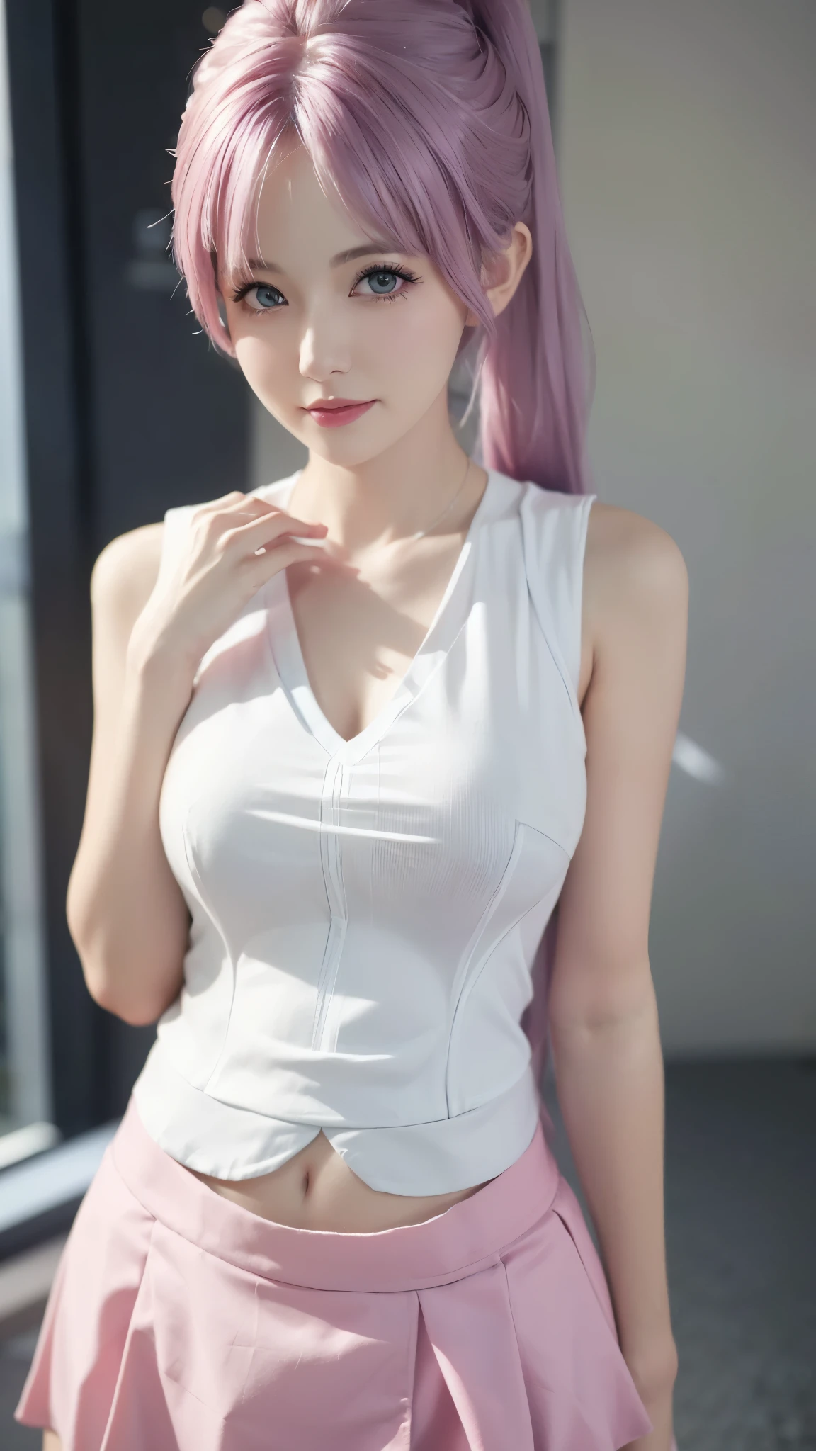A woman with pink hair and a white dress, Anime realism style, Unreal 5. RPG Portrait, cgsociety portrait, Realistic art style, Smooth anime CG art, Photorealistic Anime Girl Rendering, Realistic anime 3D style, Loss Draw 1. 0, Realistic 3D animation, ArtJam ; 3d unreal engine, Realistic anime art style,The background is the interior of a restaurant,There is a steak dinner on the table、Have a knife and fork、The best smile、Side Ponytail、