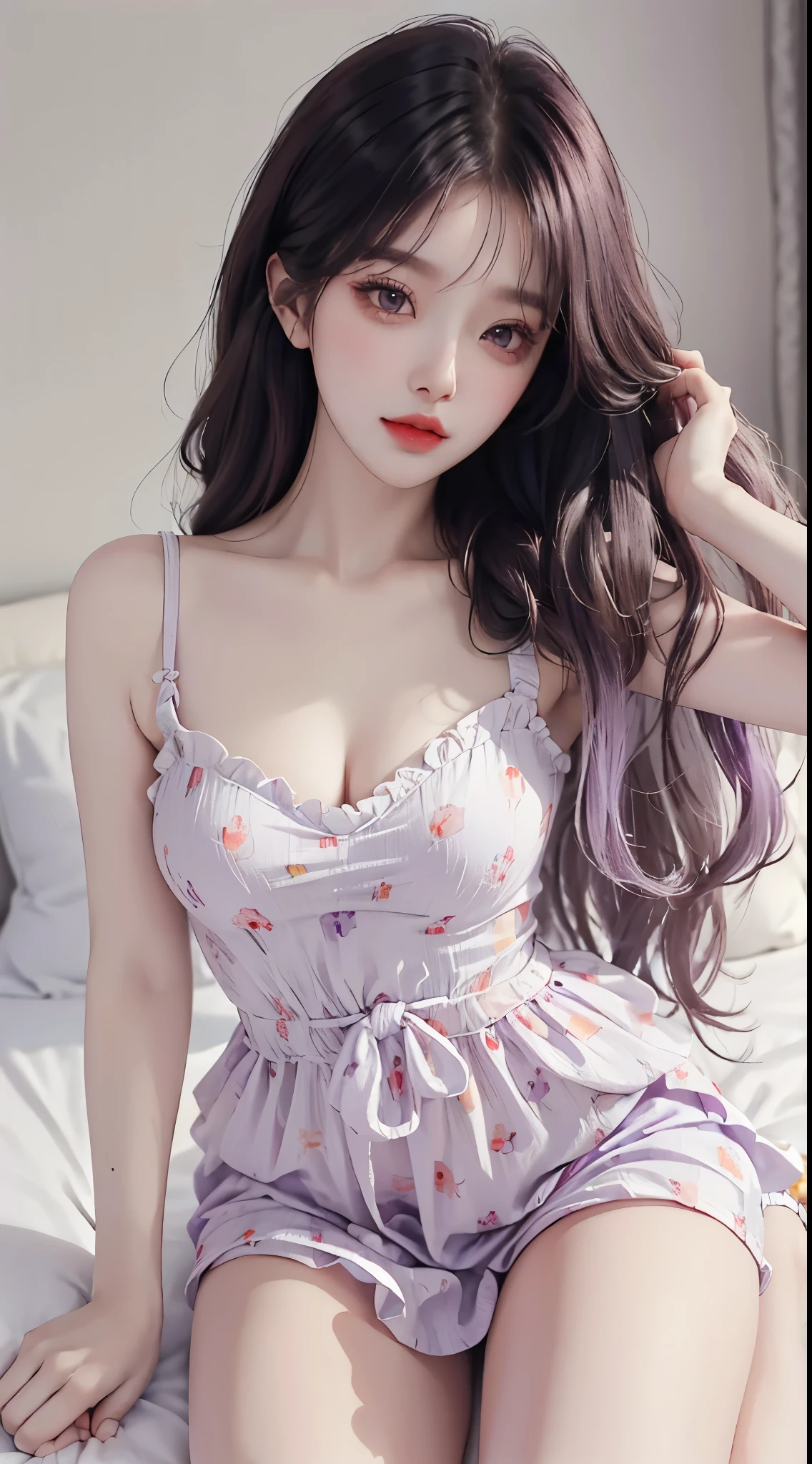 Sweet girl clothes6,print dress, ((yushuxin,1girl,solo)), White background, 4K, masterpiece, high resolution, ridiculous, bare shoulders, Bare thighs, Kneel on the bed,  Light purple wavy hair, lust, Horny eyes, Shy, Shy look, Tempting, sexy pose, Very big , Super detailed face