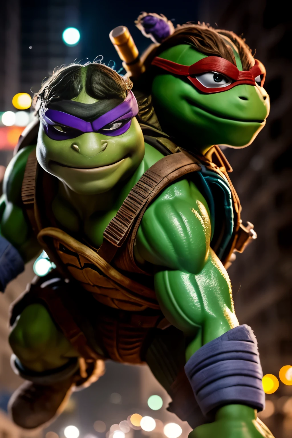RAW photo in sequence, uma fotografia de Rafael do age Mutant Ninja Turtles, retrato profissional, hyper-detailed realism, detalhamento ultrapreciso, capturada com um objetivo 85mm, f/4.6, bokeh, detalhamento ultradetalhado, bokeh lighting, surrealismo, ambiente urbano, motor de engine Unreal Ultra, intricado, figuras a vida-size.
This sequence of RAW photographs captures Rafael from TeenMutant Ninja Turtles