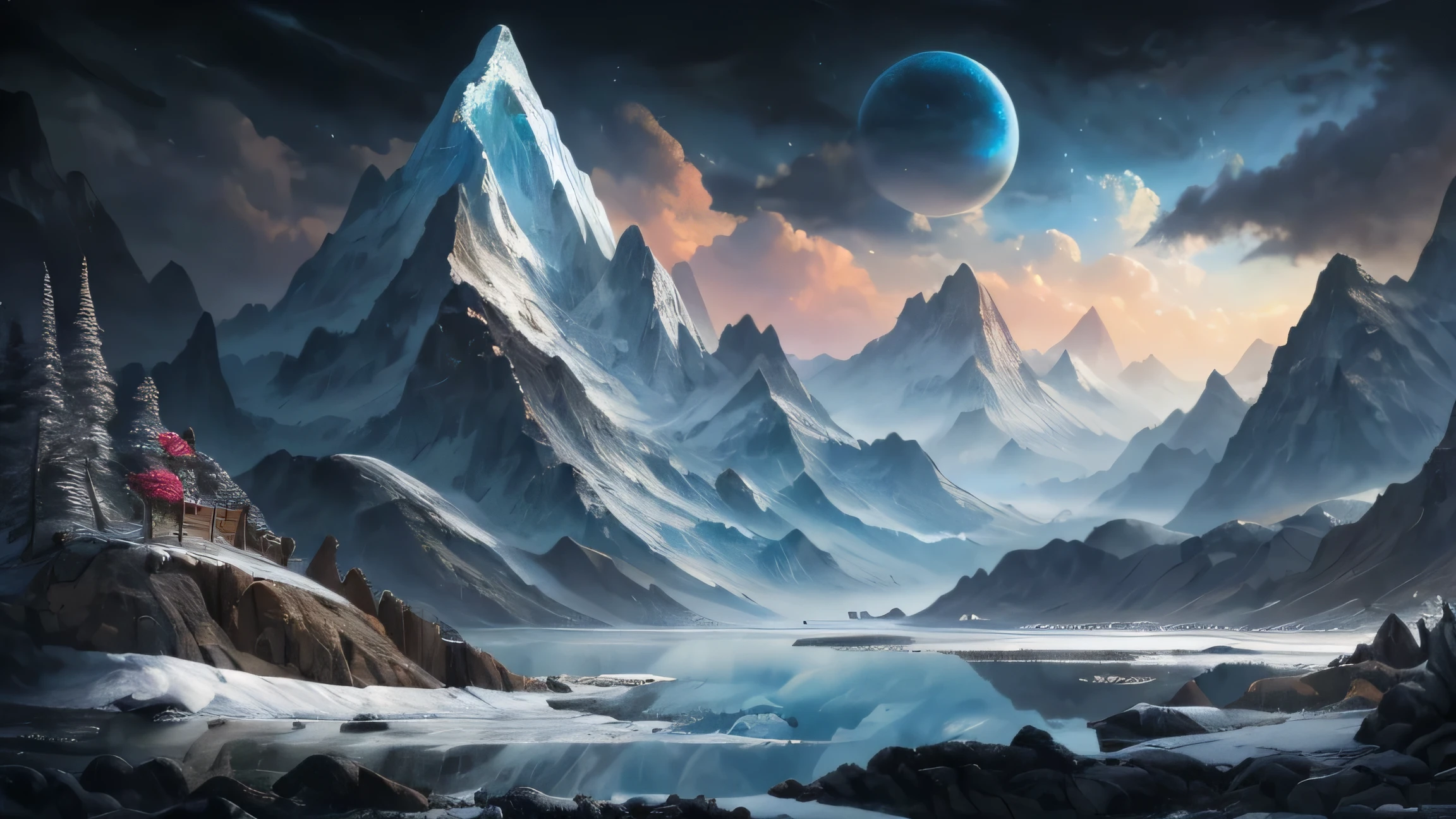 a painting of a mountain scene with a lake and a distant planet, 4k highly detailed digital art, icy mountains, 8k high quality detailed art, 8k stunning artwork, impressive fantasy landscape, 4 k hd wallpaper very detailed, most epic landscape, 4k fantasy art, epic mountains, icy mountains in the background, beautiful art uhd 4 k