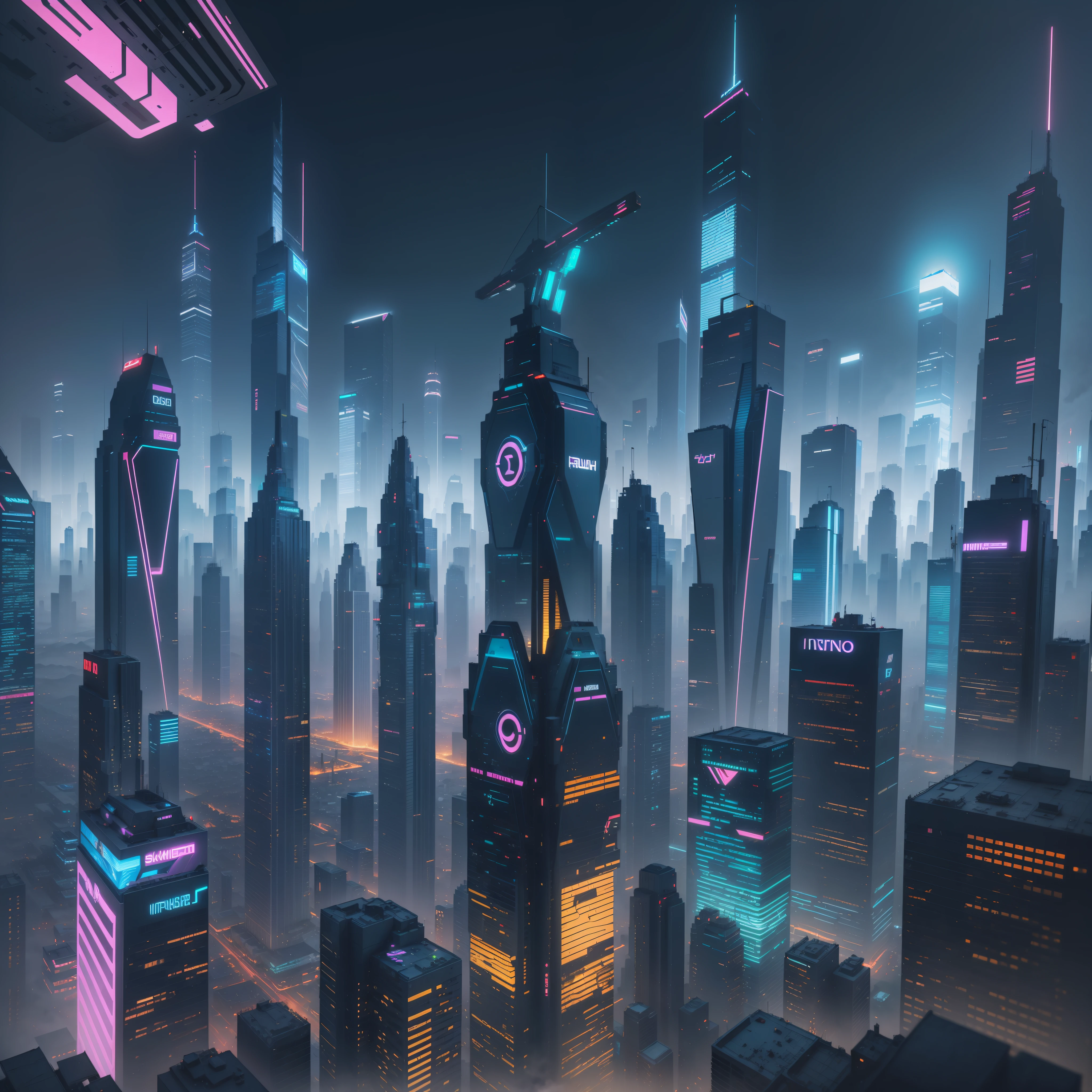 (top quality, masterpiece) Future world cyberpunk landscape、skyscraper、iridescent neon lights、sparkling night view